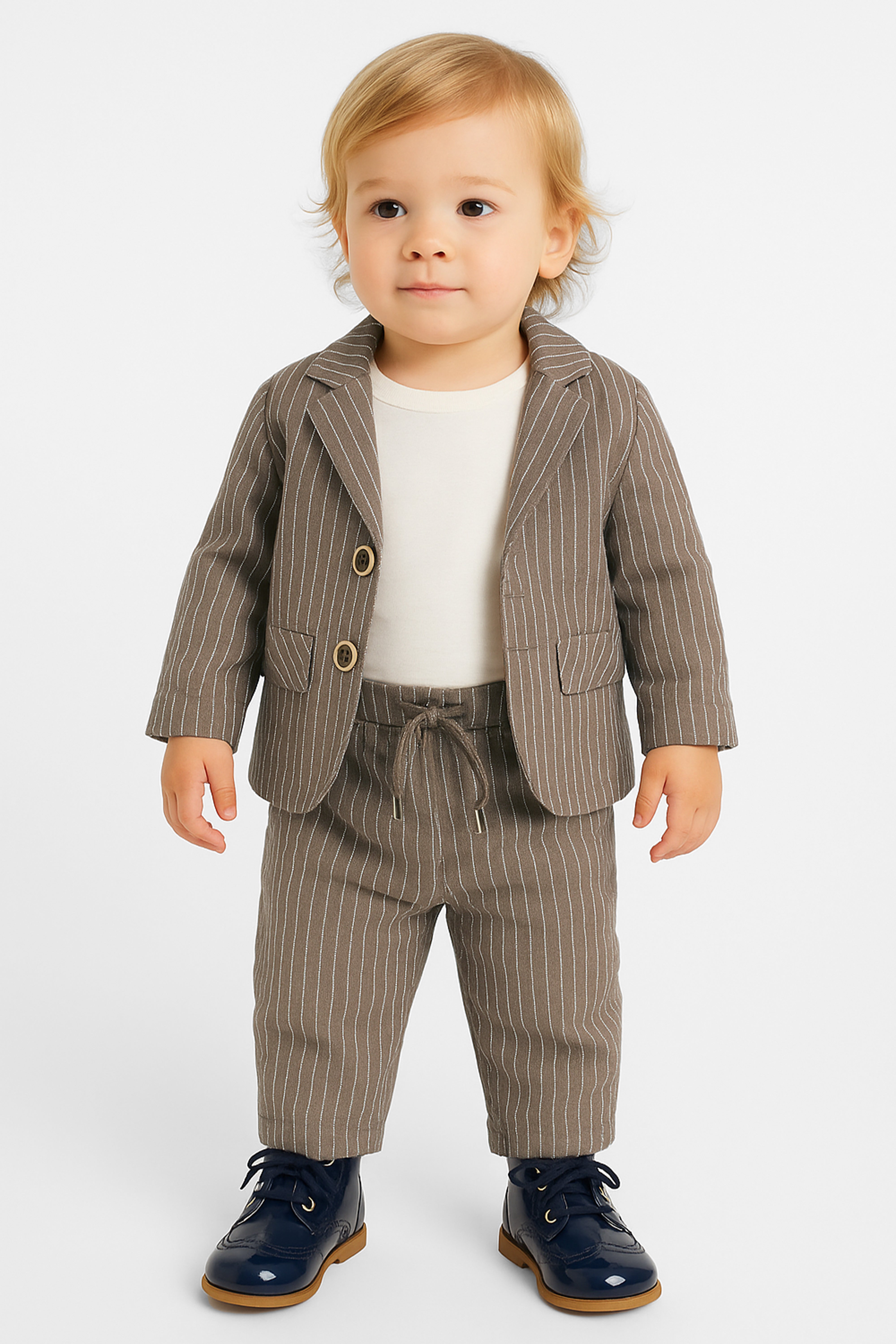 Baby Boys’ Cotton-Linen 3-Piece Pinstripe Suit - SALAS - Brown Front Picture