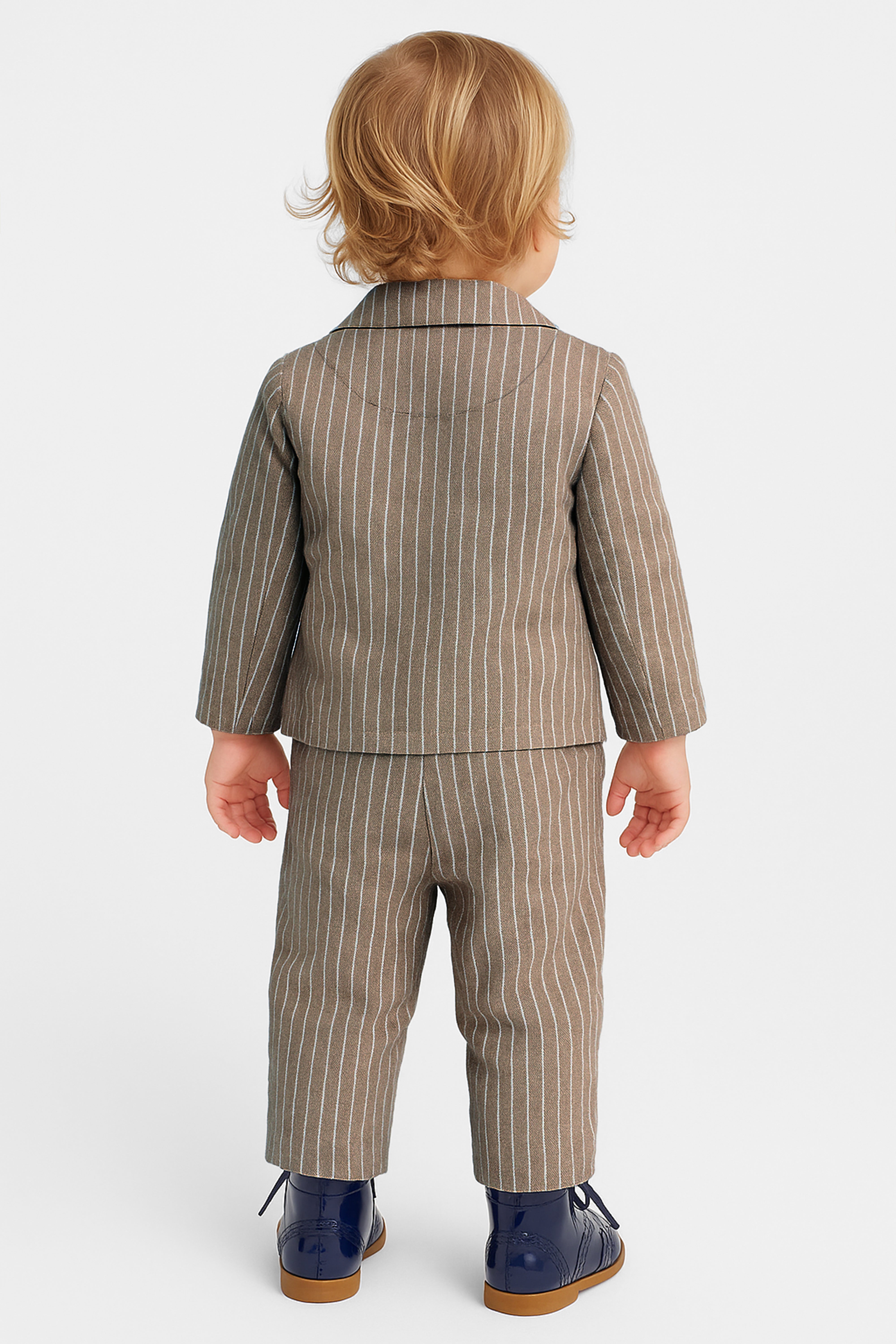 Baby Boys’ Cotton-Linen 3-Piece Pinstripe Suit - SALAS - Brown Back picture