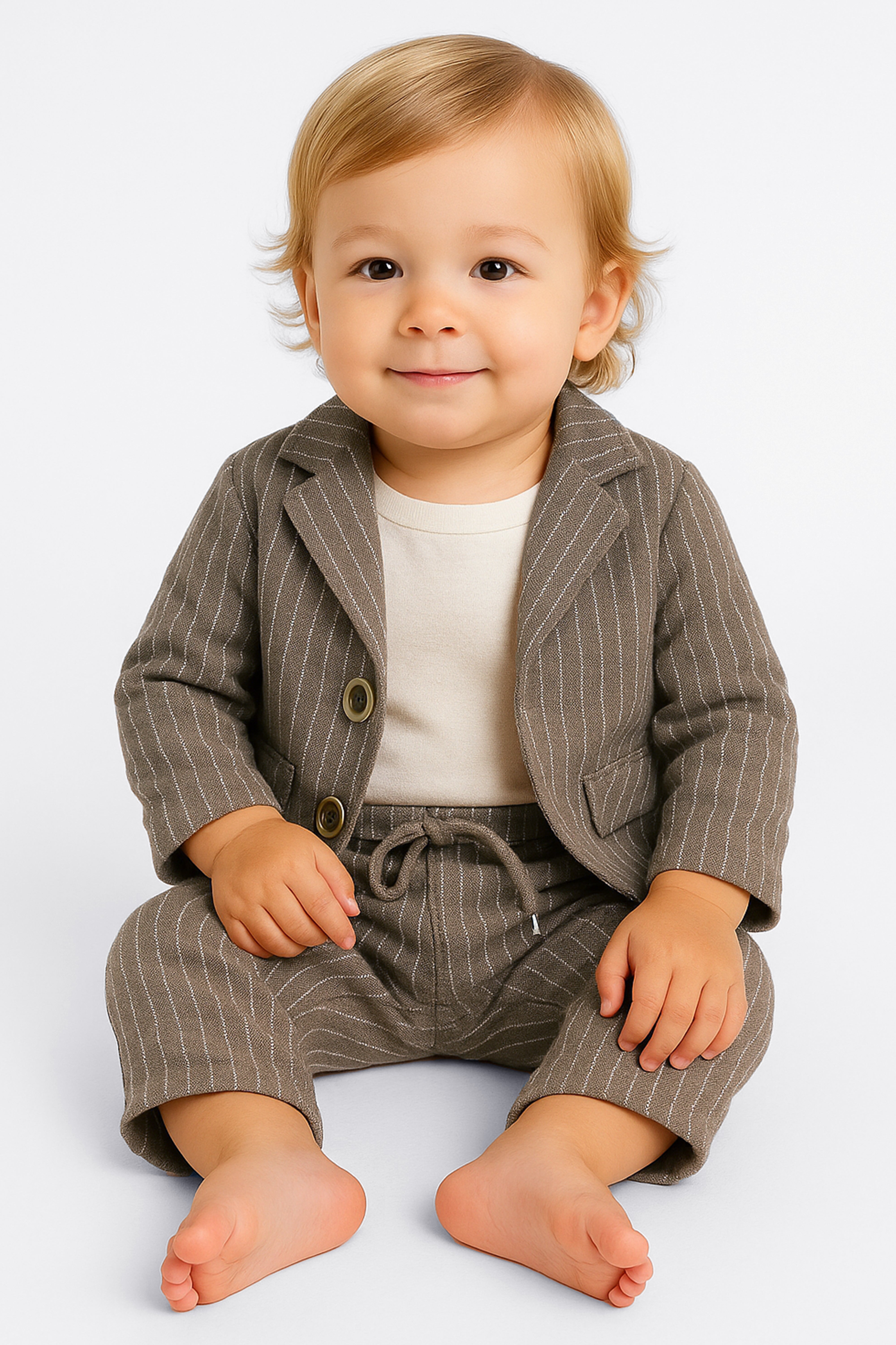 Baby Boys’ Cotton-Linen 3-Piece Pinstripe Suit - SALAS - Brown