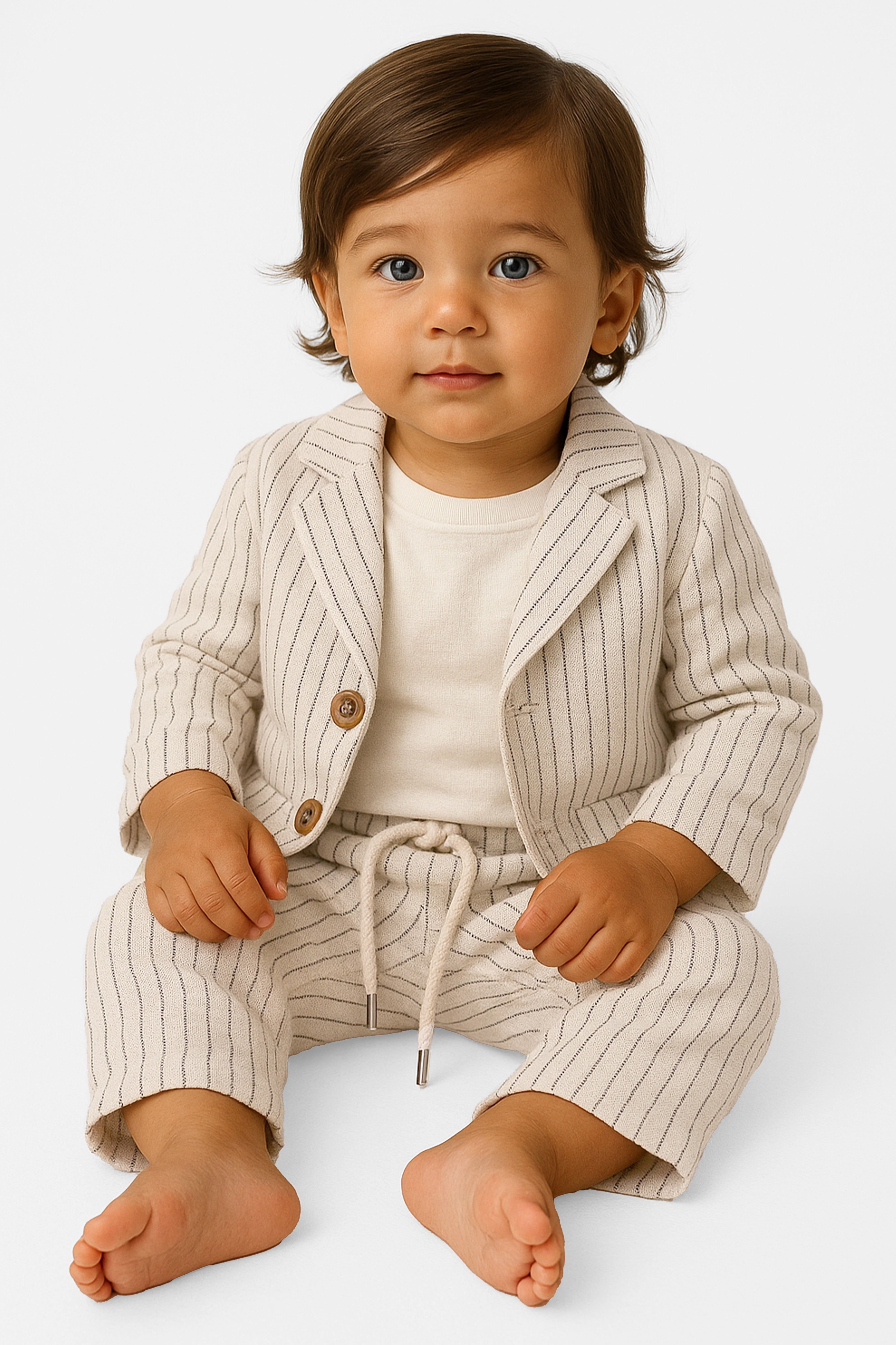 Baby Boys’ Cotton-Linen 3-Piece Pinstripe Suit - SALAS - Ivory Model Picture