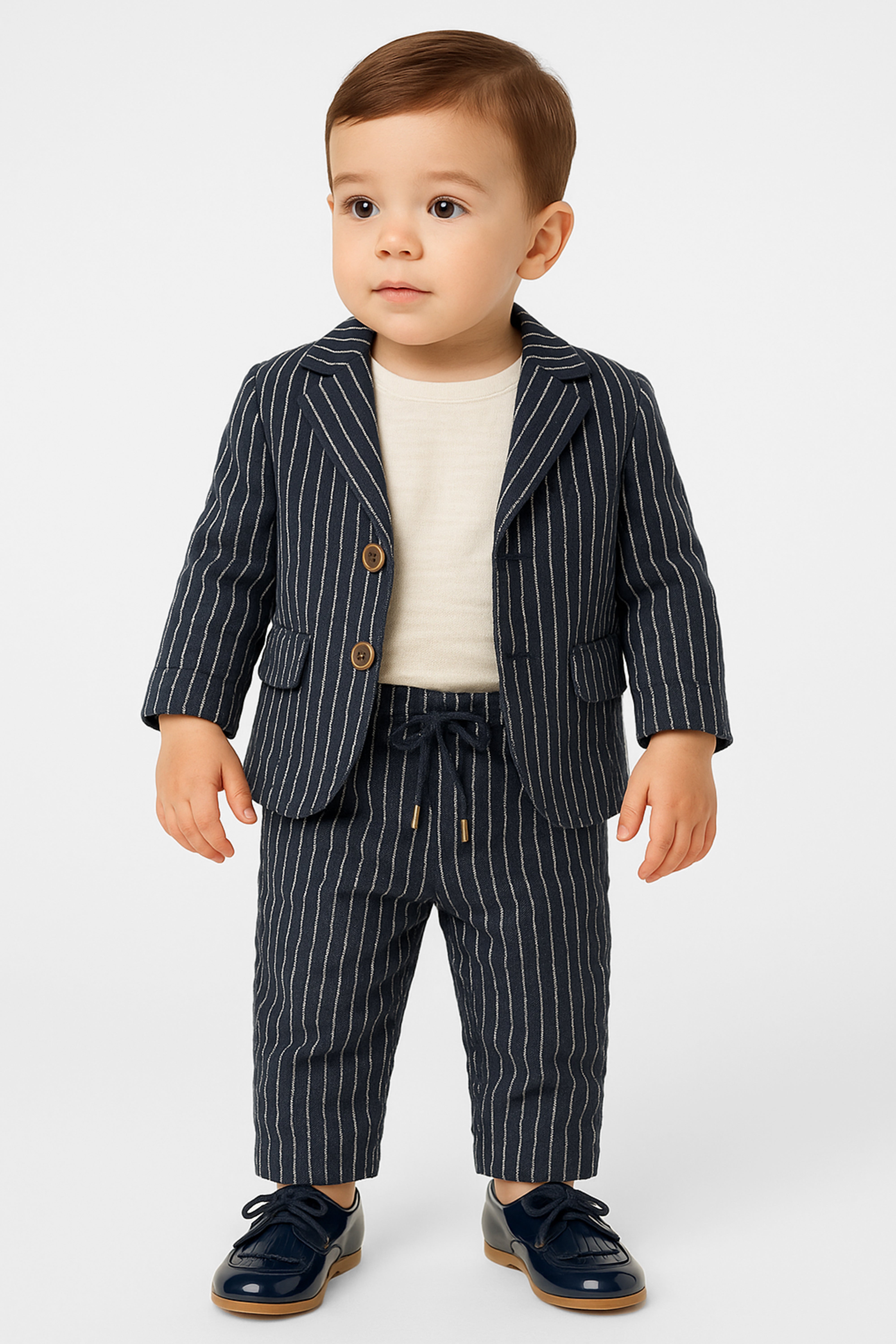 Baby Boys’ Cotton-Linen 3-Piece Pinstripe Suit - SALAS - Navy Model Picture