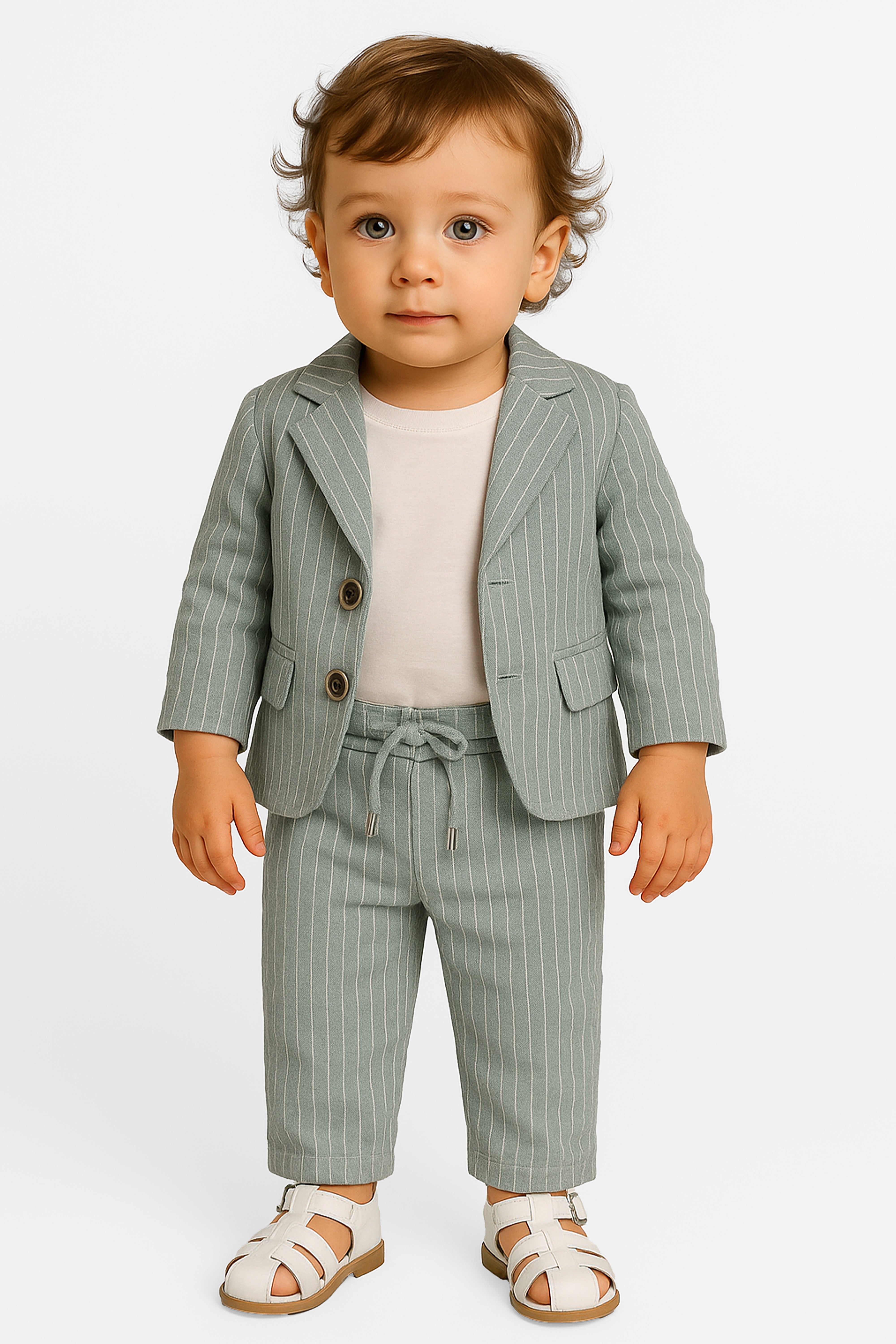 Baby Boys’ Cotton-Linen 3-Piece Pinstripe Suit - SALAS - Sage Green Front Picture