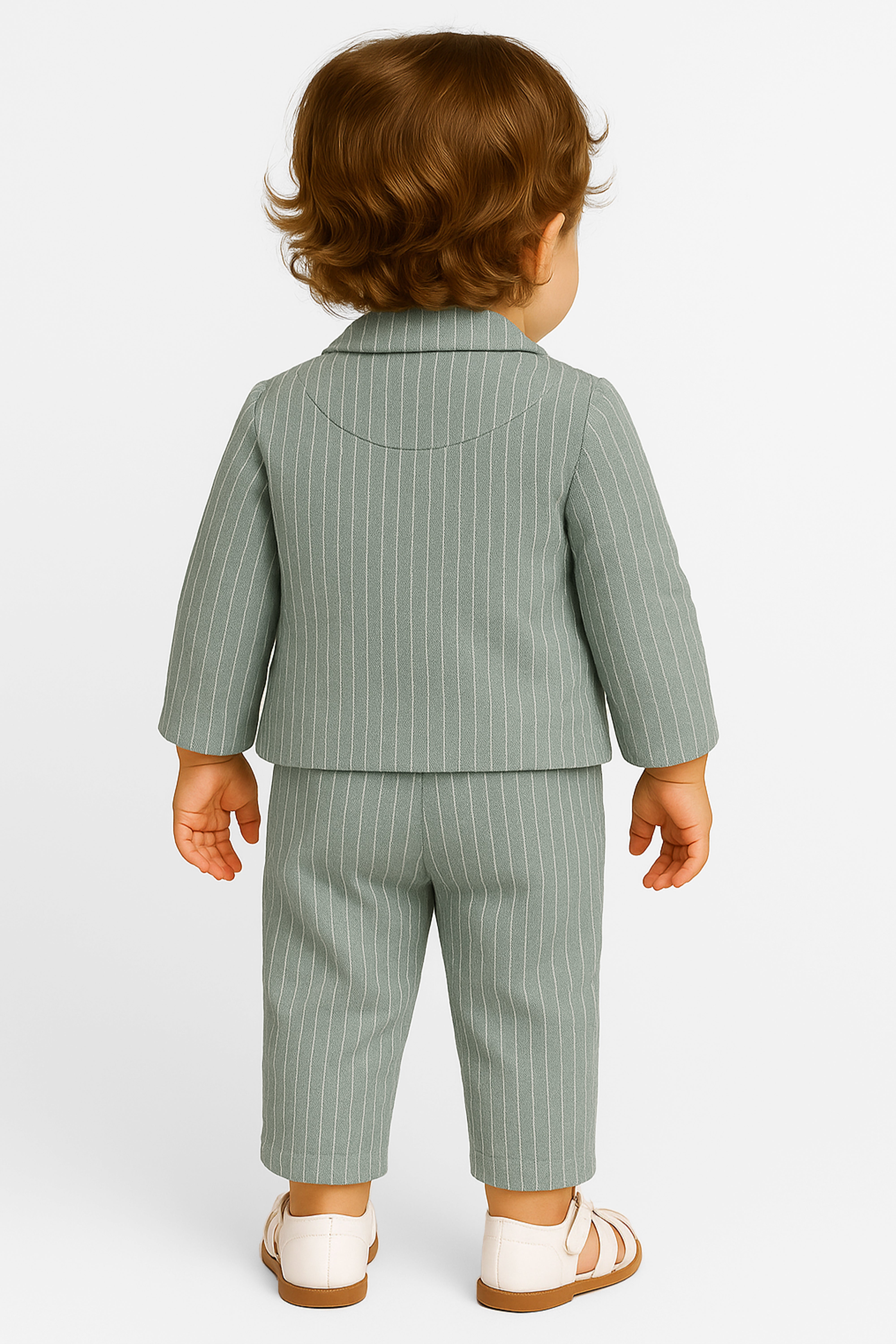 Baby Boys’ Cotton-Linen 3-Piece Pinstripe Suit - SALAS - Sage Green Back picture