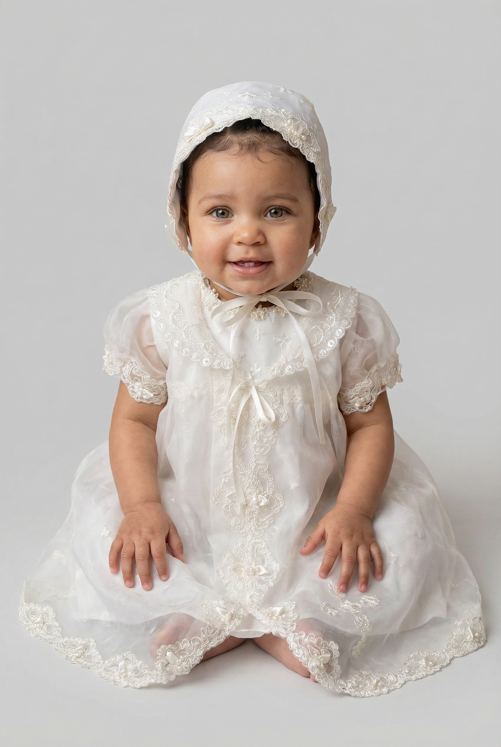 Baby Girls Christening Dress & Bonnet Set with Embroidered Bodice Model Front Picture