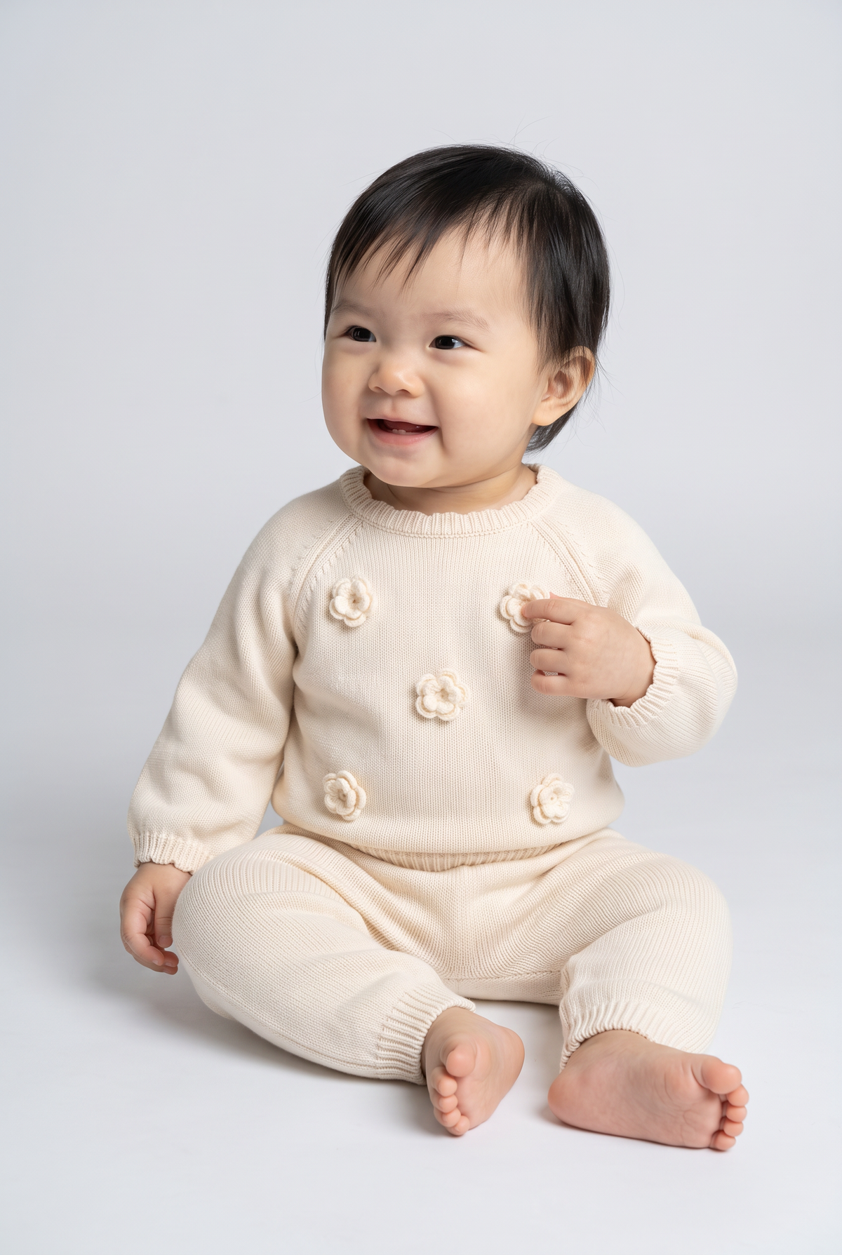 Baby Girls Floral Knitted Jumper & Joggers 2-Piece Set - 26014 Ivory Front Picture
