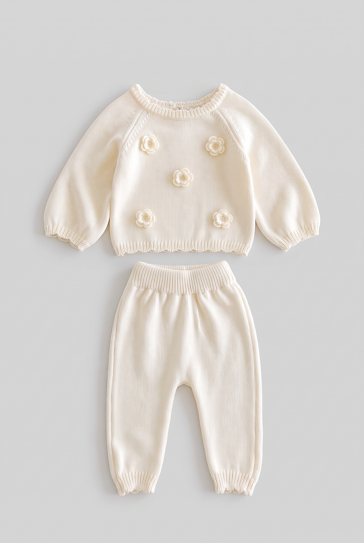 Baby Girls Floral Knitted Jumper & Joggers 2-Piece Set - 26014 Ivory