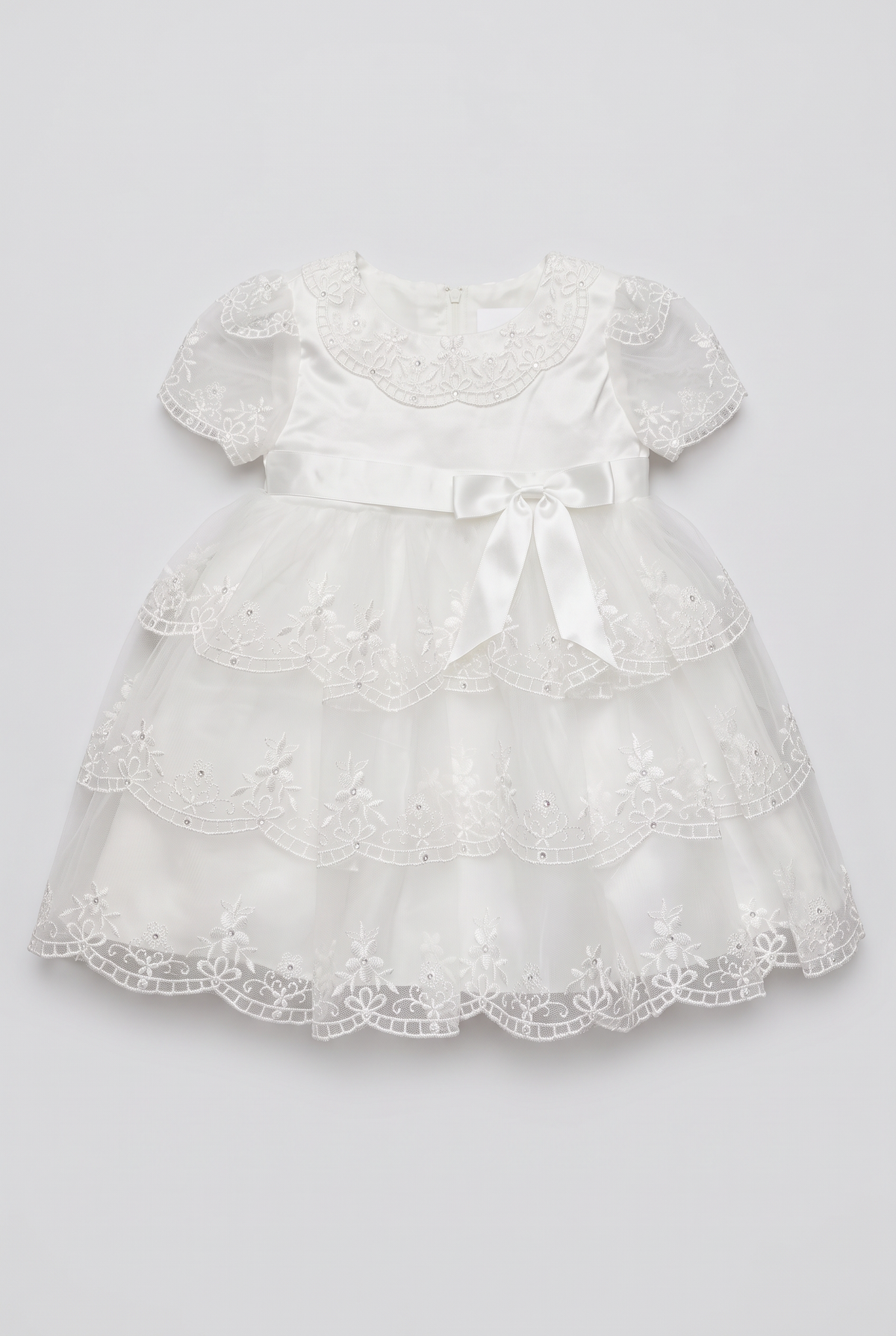 Baby Girls Ivory Embroidered Lace Tiered Christening Dress – Sevva Noemi Front picture