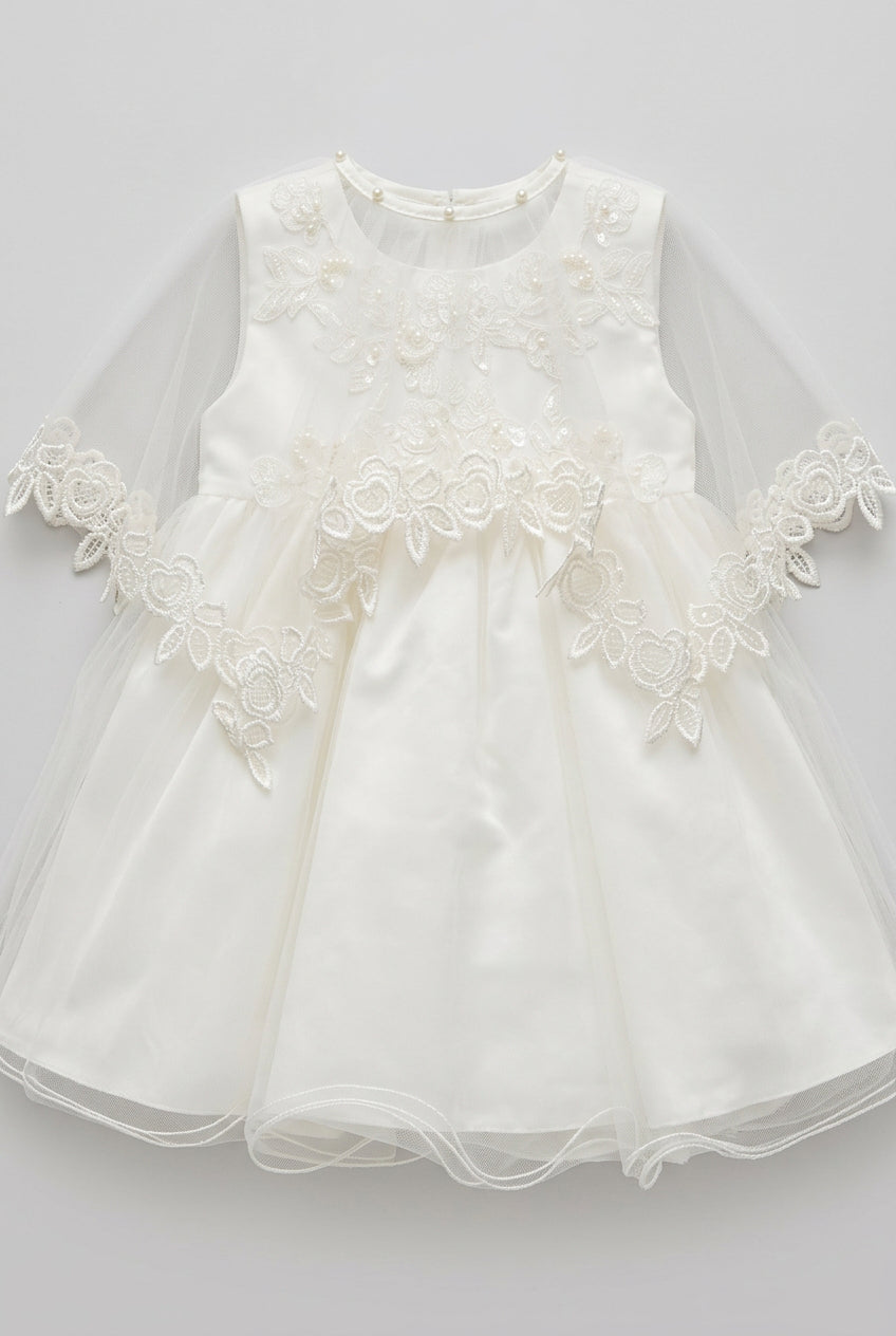 Baby Girls Ivory Embroidered Occasion Dress with Tulle Cape & Bonnet