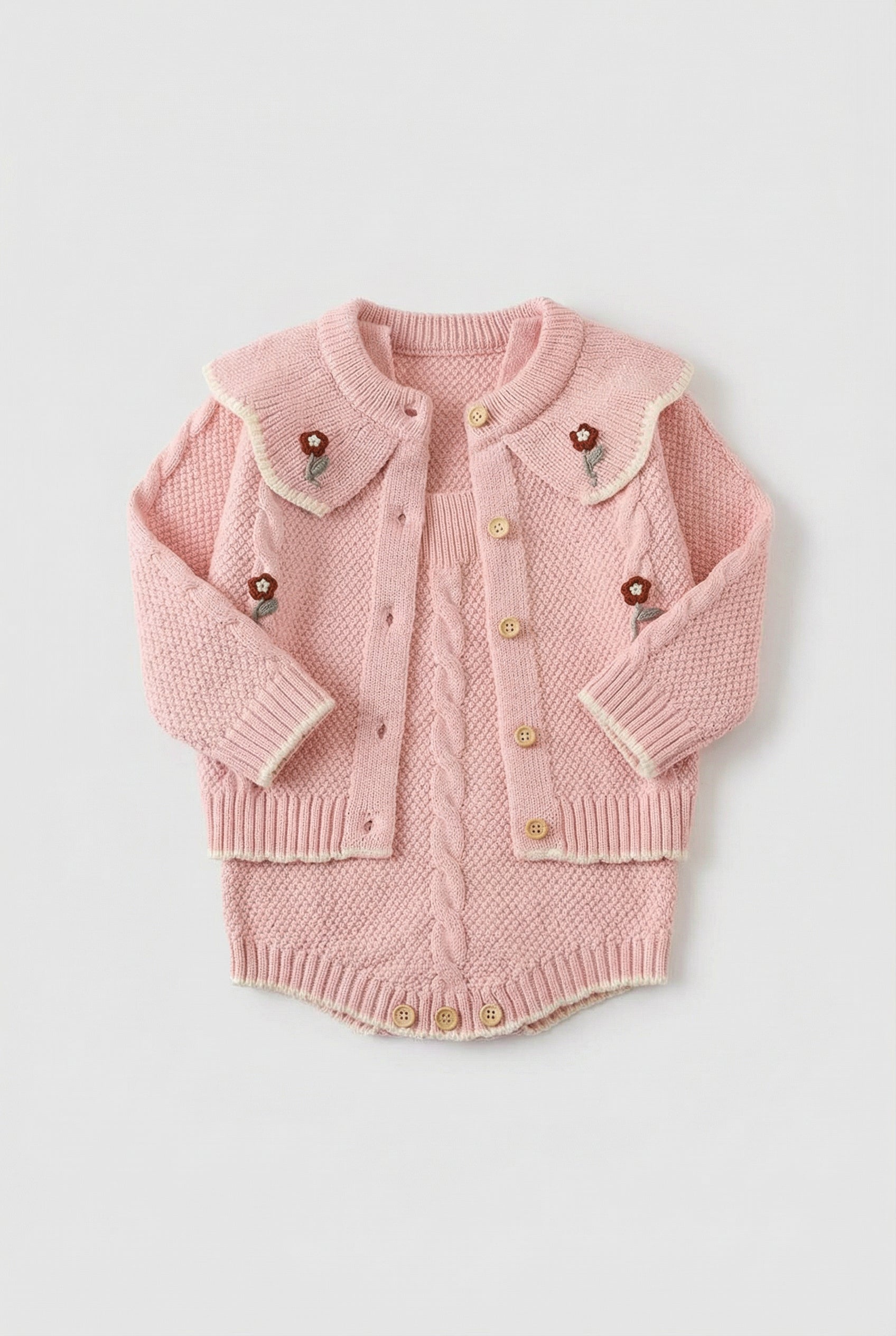 Baby Girls Knit Cardigan & Romper Set with Floral Embroidery Front Pictue
