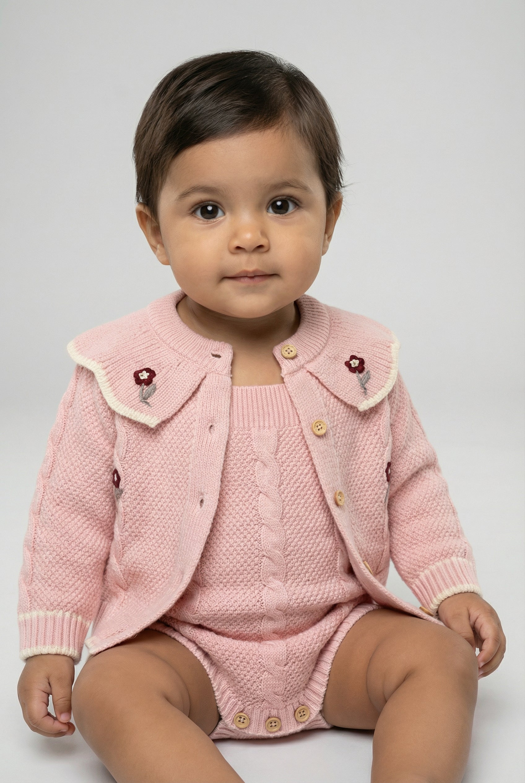 Baby Girls Knit Cardigan & Romper Set with Floral Embroidery Model Picture