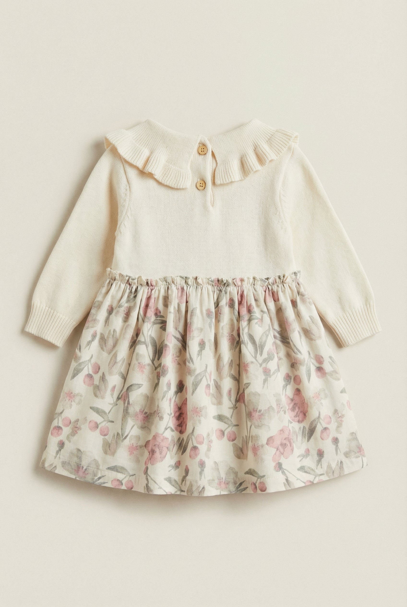 Baby Girls Knit Dress with Floral Print Skirt & Peter Pan Collar Back Picture