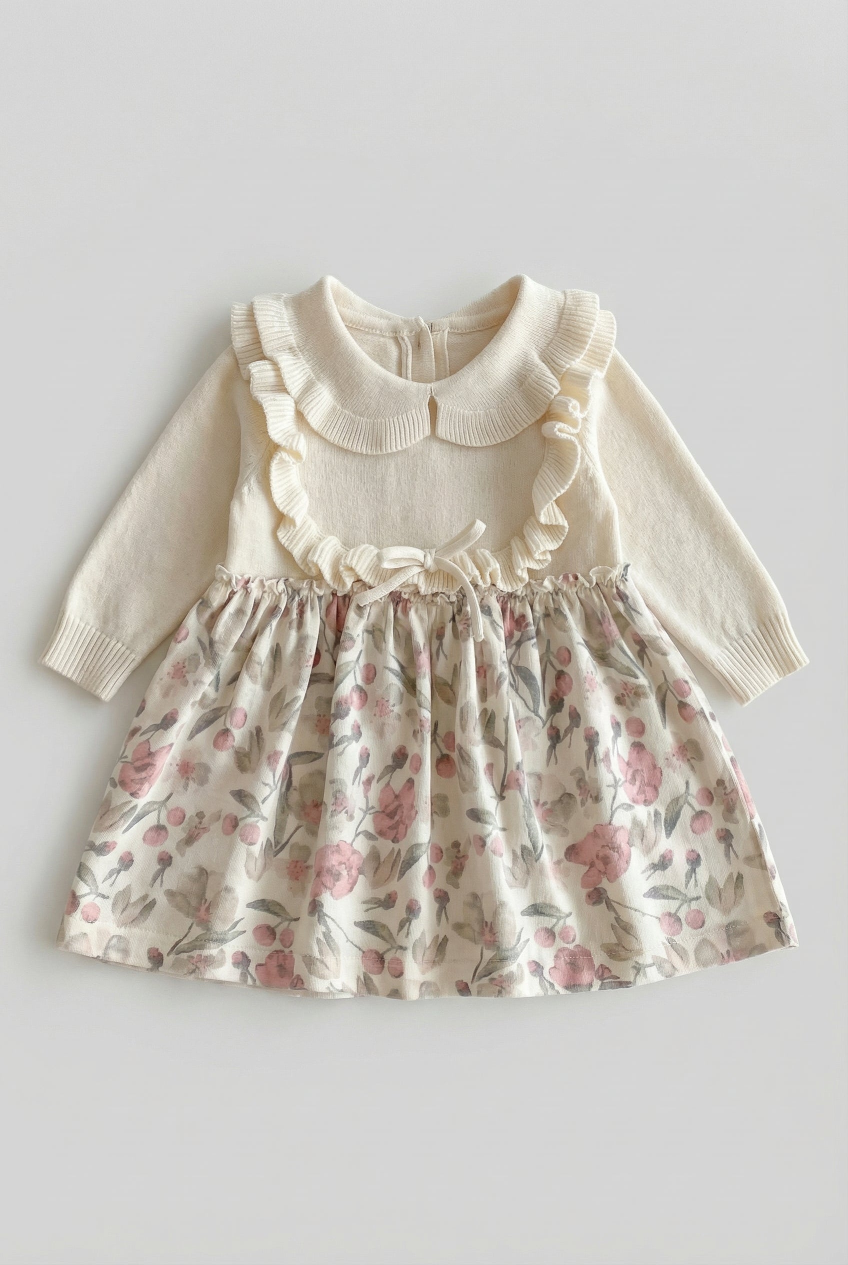 Baby Girls Knit Dress with Floral Print Skirt & Peter Pan Collar Front  Picture