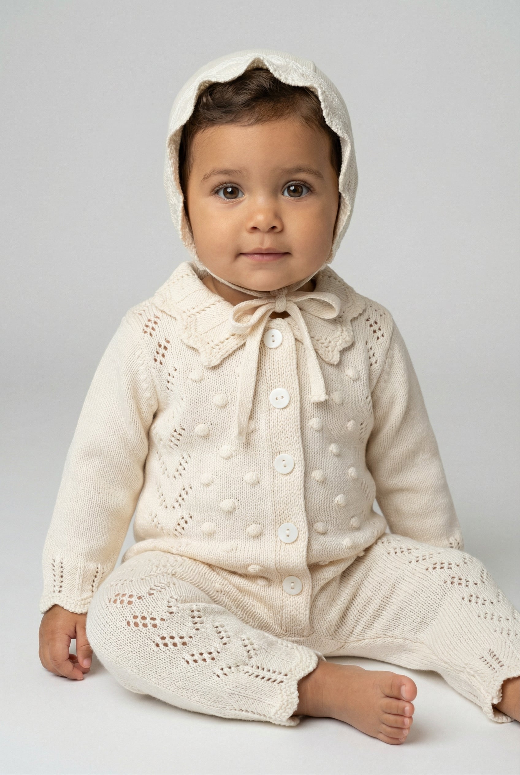 Baby Girls Knit Romper & Bonnet Set with Scalloped Collar - Ivory Model Front Picture
