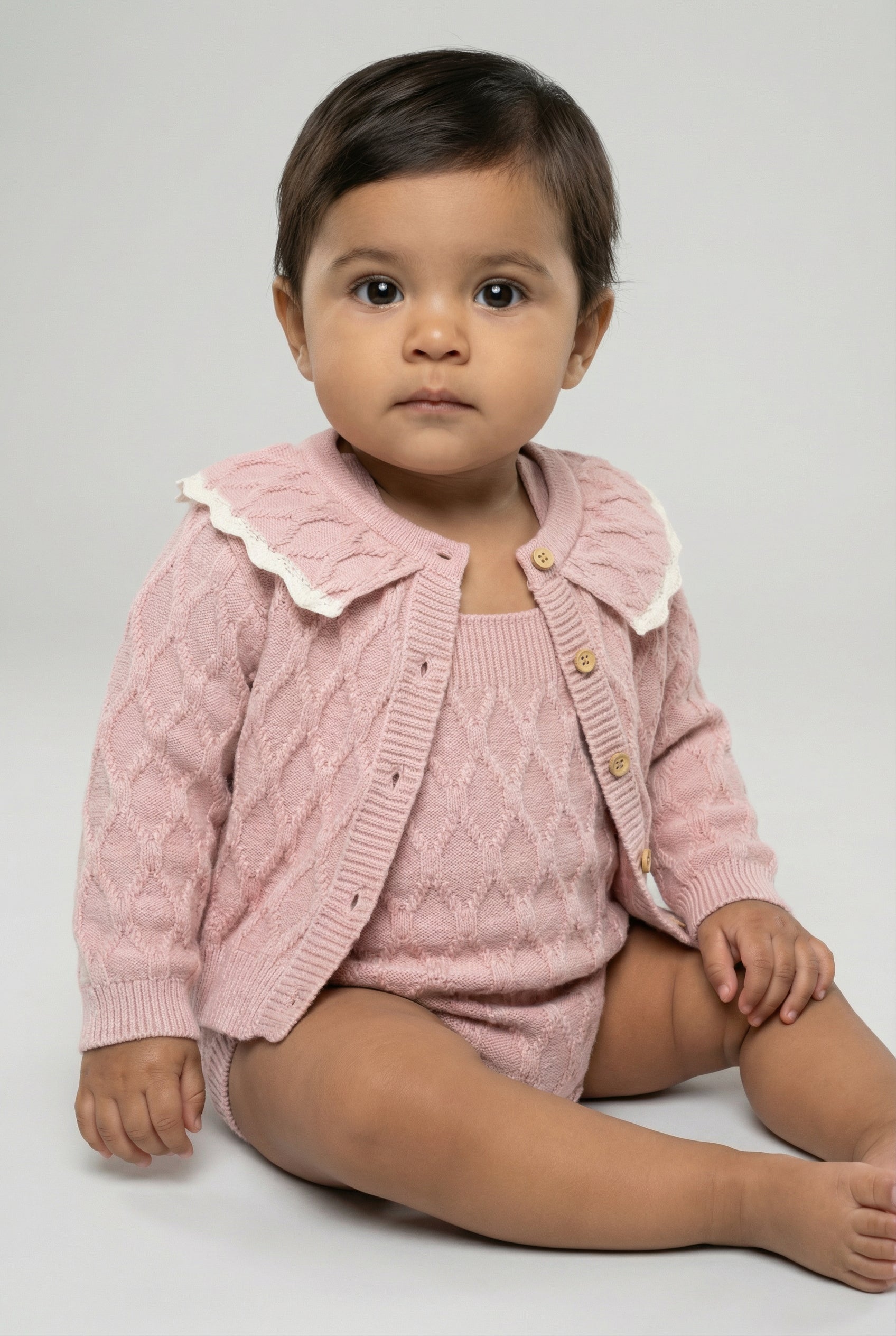 Baby Girls Knit Romper & Cardigan Set with Scalloped Collar Model Picture