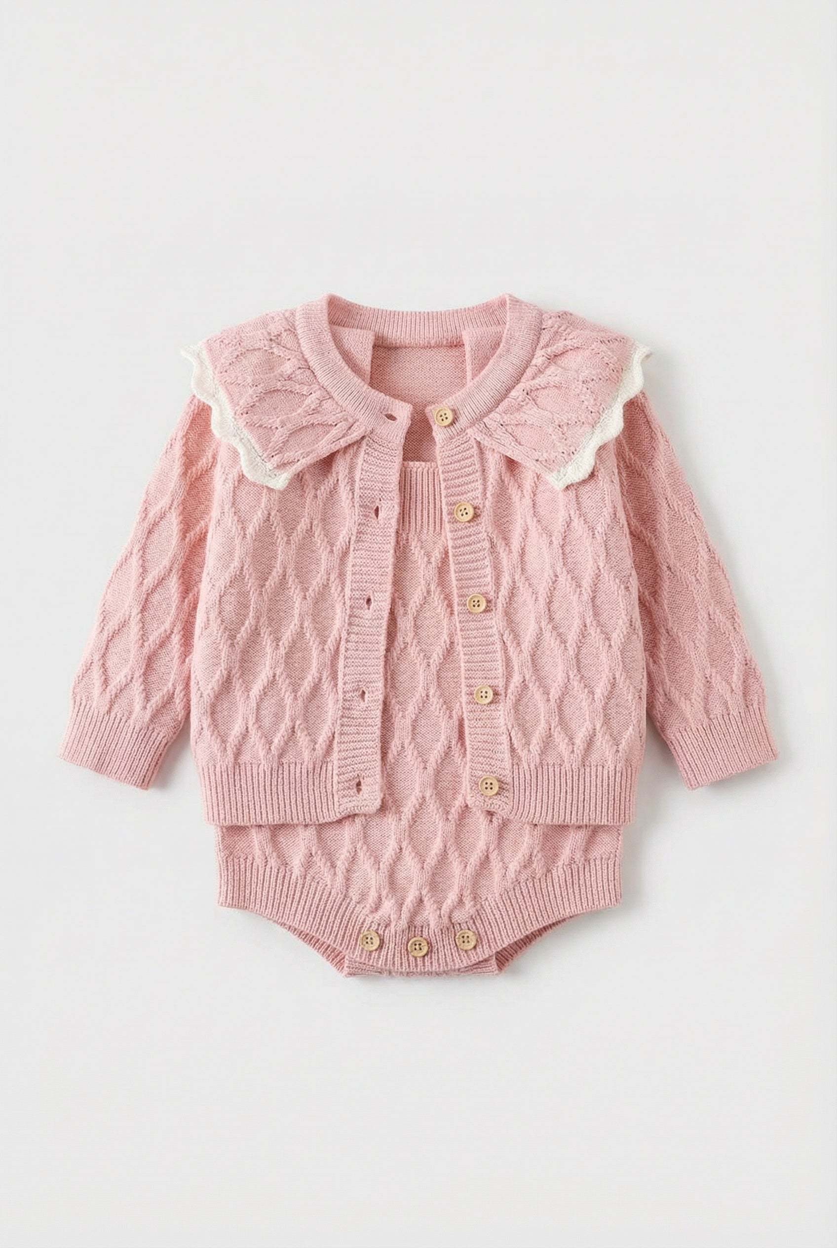 Baby Girls Knit Romper & Cardigan Set with Scalloped Collar Front Picture