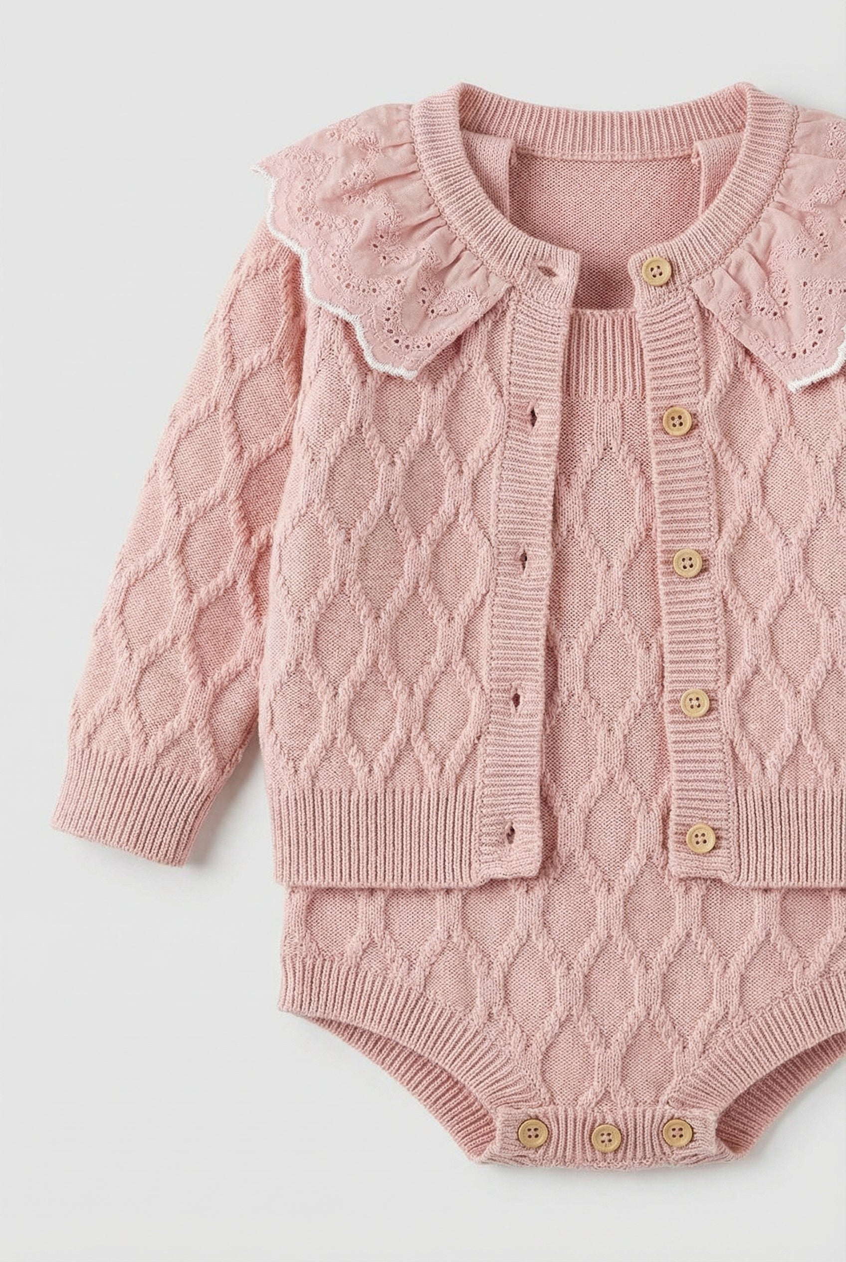 Baby Girls Knit Romper & Cardigan Set with Scalloped Collar