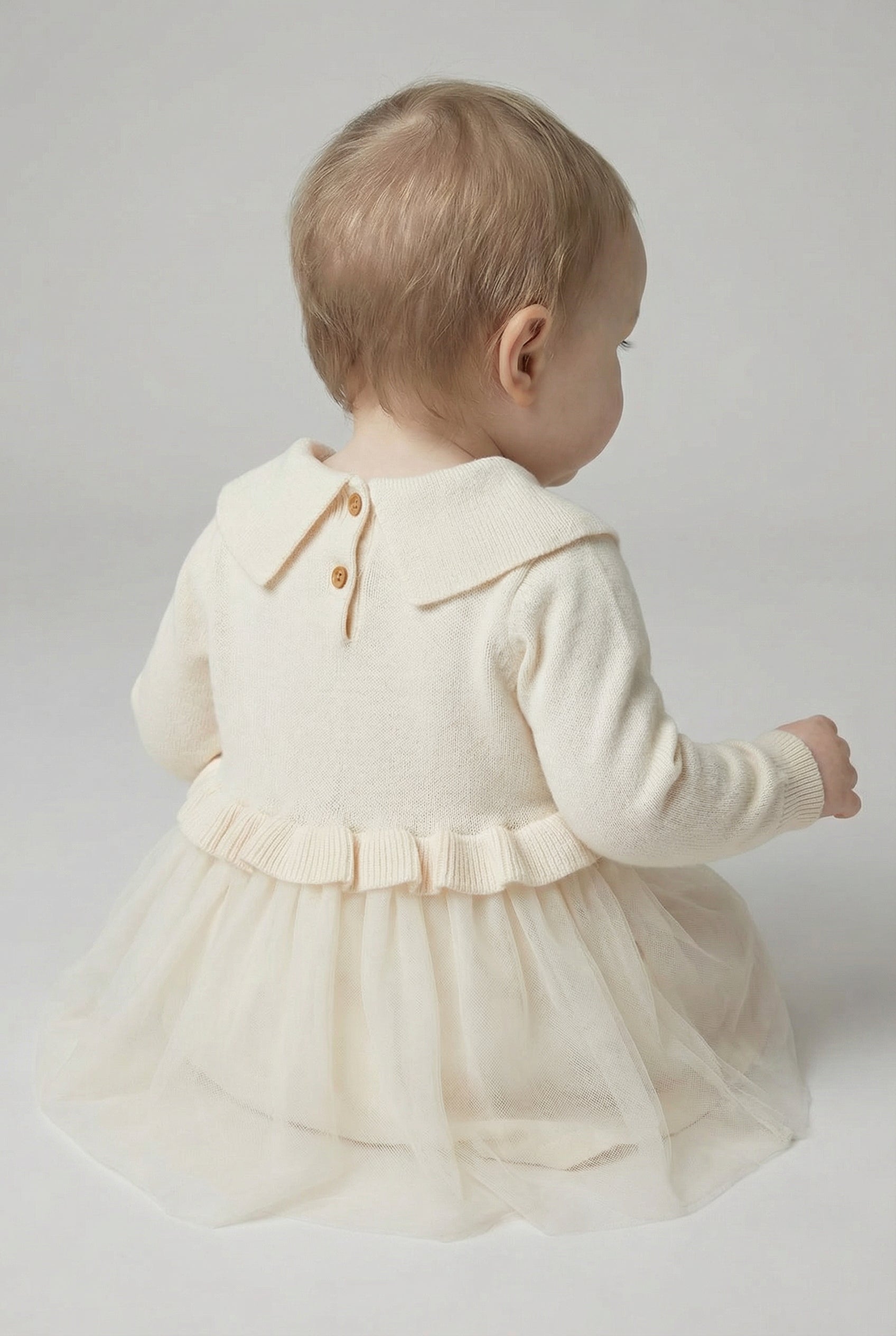 Baby Girls Knit & Tulle Dress with Peter Pan Collar - Ivory Model Back Picture