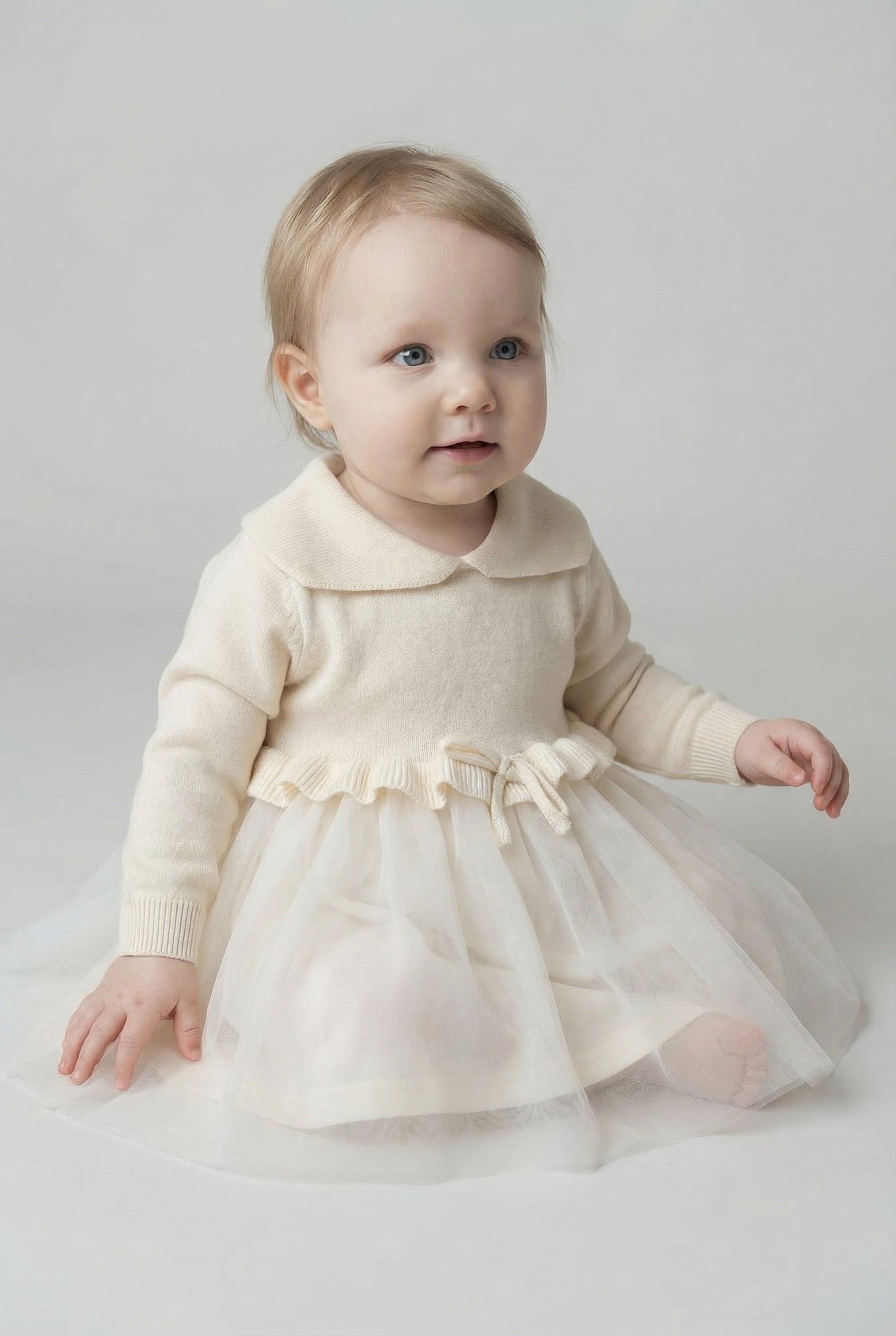 Baby Girls Knit & Tulle Dress with Peter Pan Collar - Ivory Model Front Picture