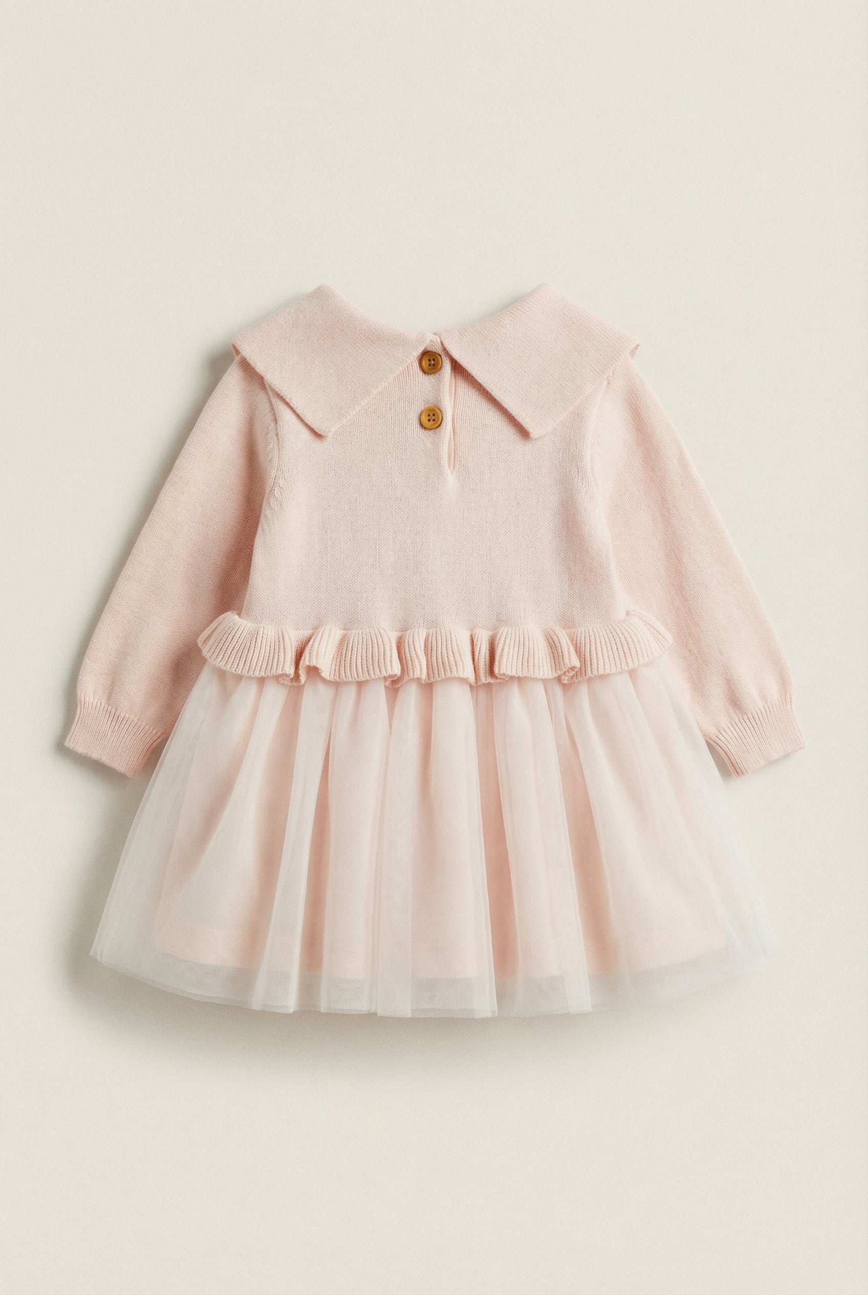 Baby Girls Knit & Tulle Dress with Peter Pan Collar - Pink Back Picture