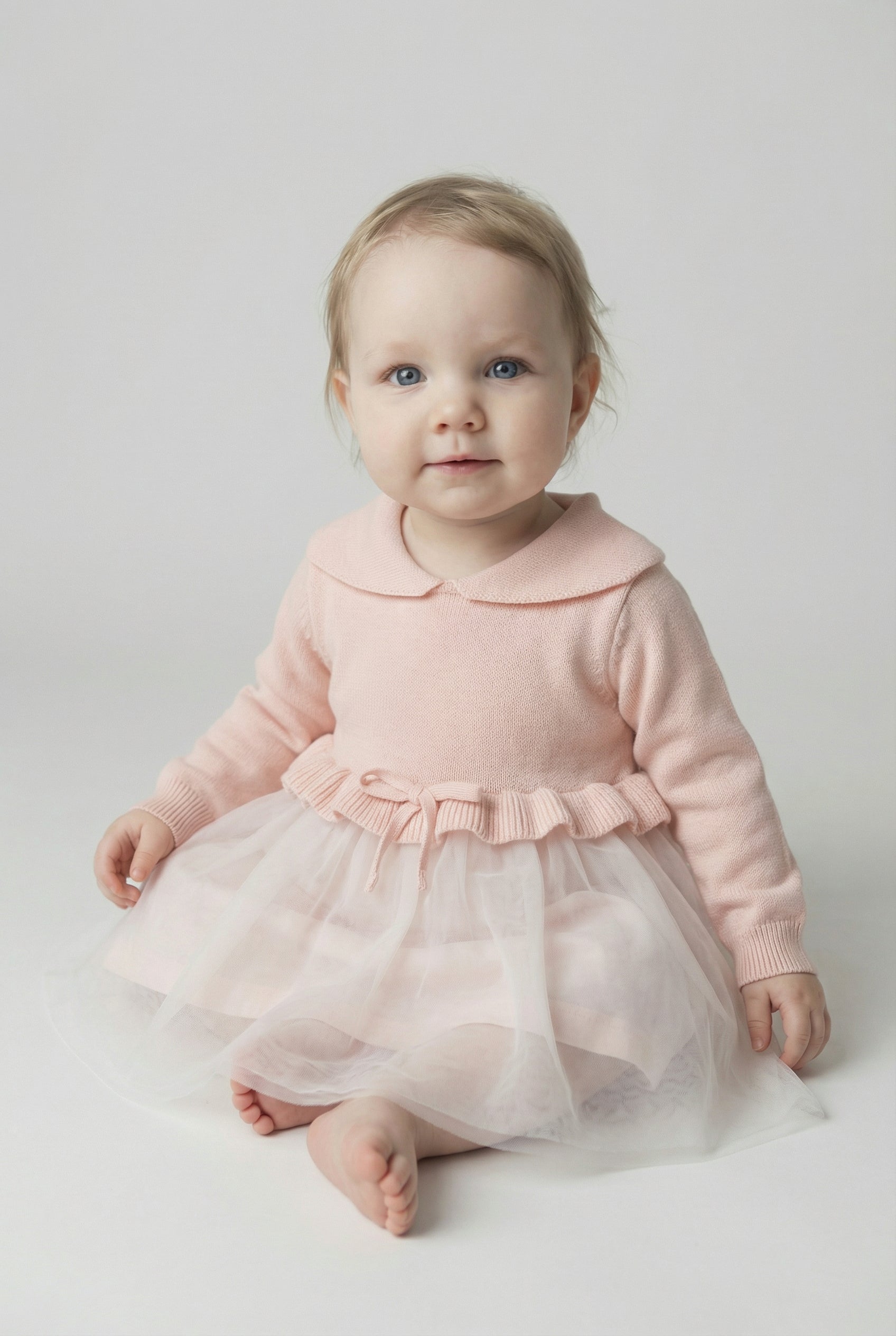 Baby Girls Knit & Tulle Dress with Peter Pan Collar - Pink Model Front Picture
