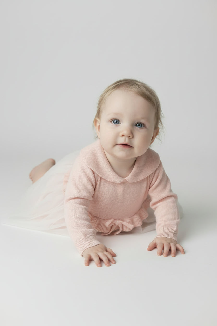 Baby Girls Knit & Tulle Dress with Peter Pan Collar - Pink Model Picture