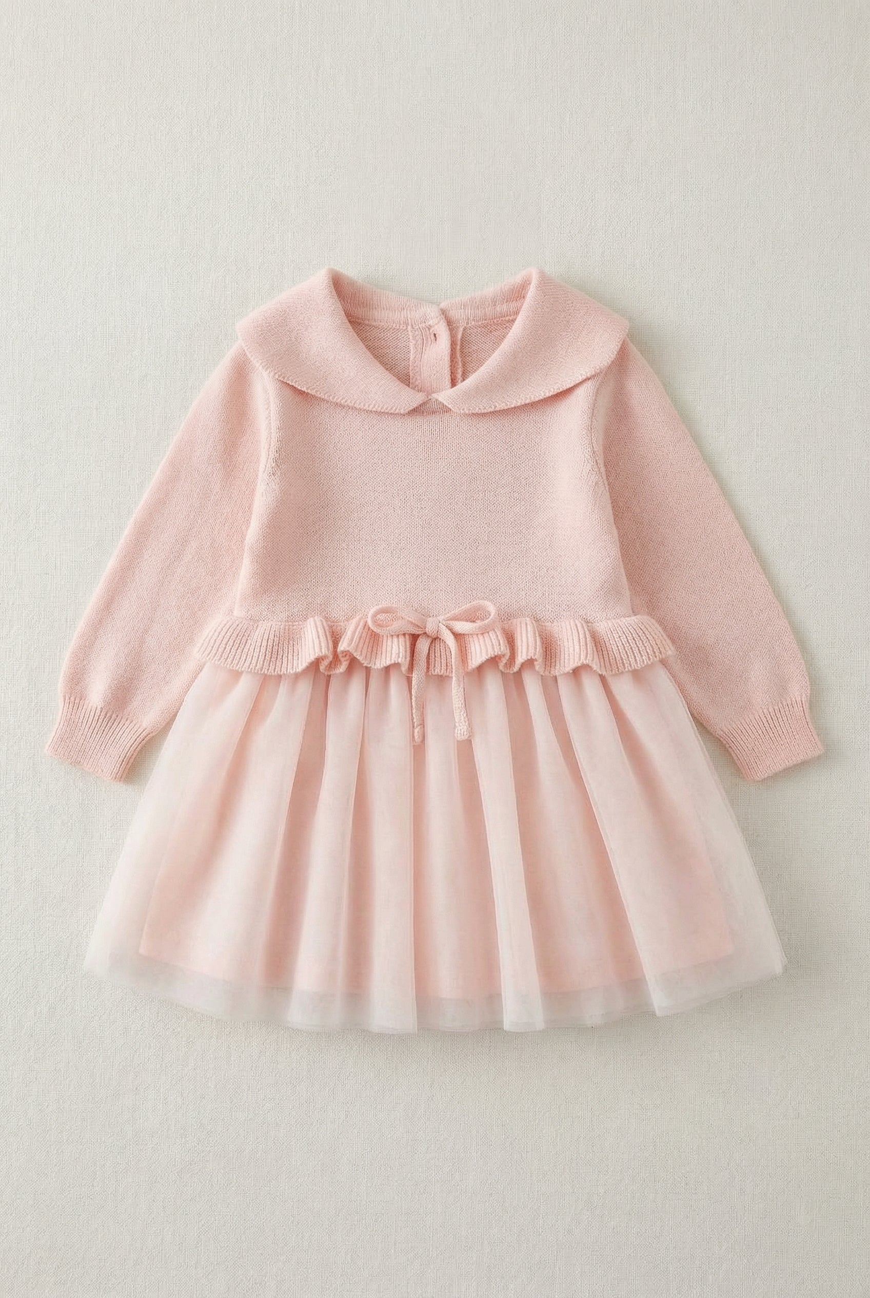 Baby Girls Knit & Tulle Dress with Peter Pan Collar - Pink Front Picture