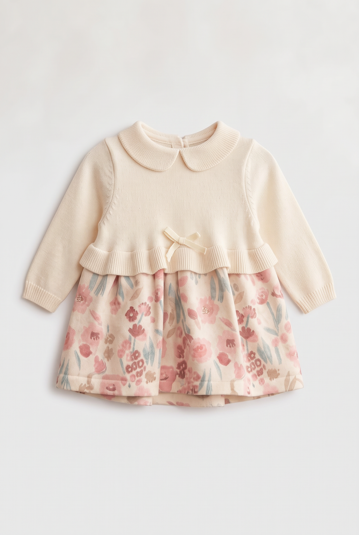 Baby Girls Knitted Bodice Floral Skirt Dress with Bow - 26062 - Ivory