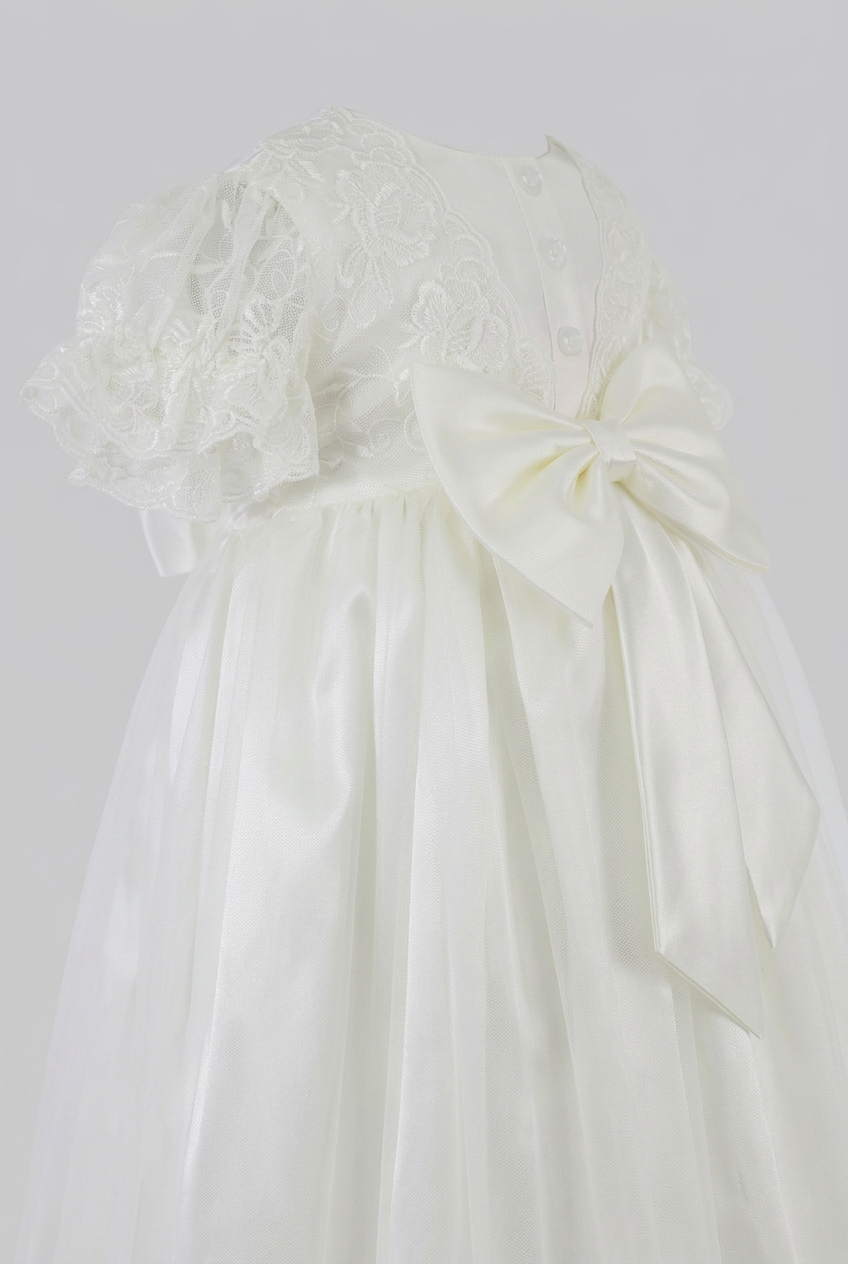 Baby Girls Lace Christening Gown with Satin Bow - G1210 Ivory
