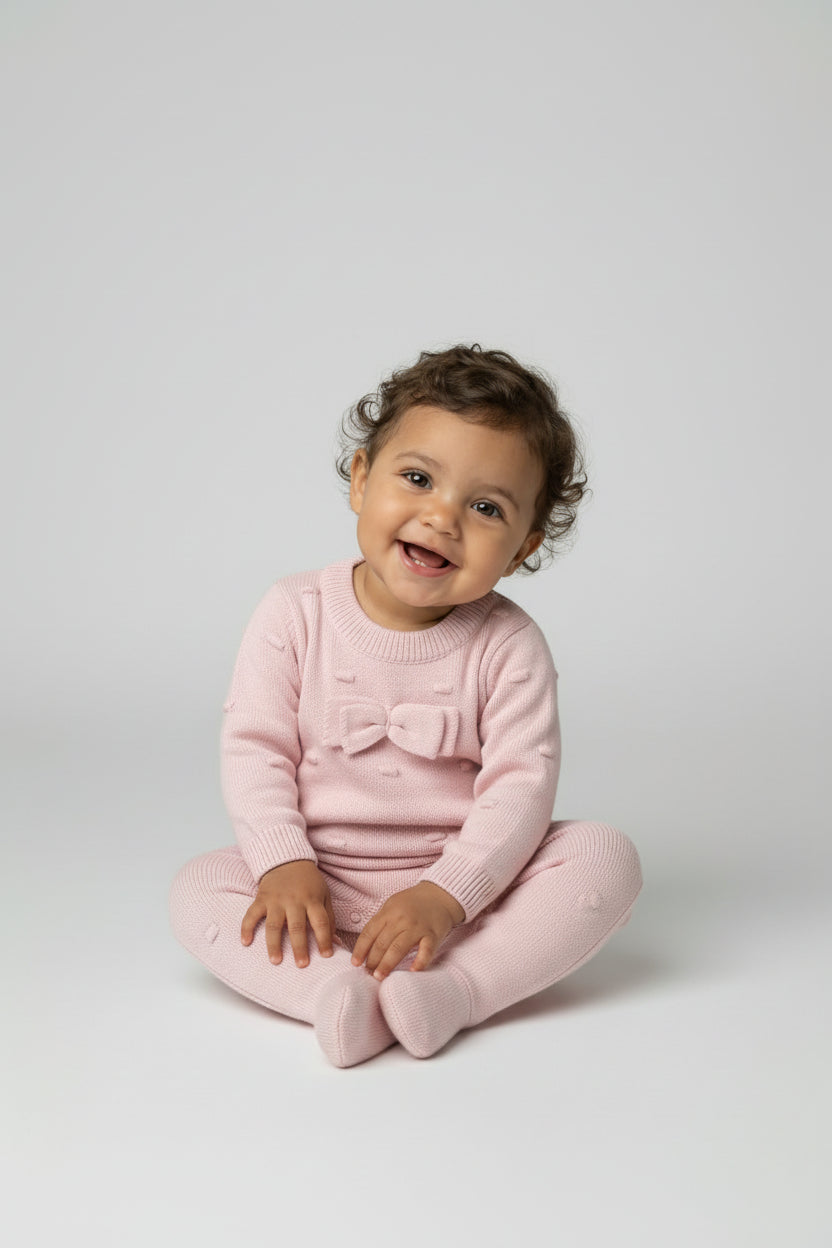 Baby Girls Long Sleeve Knit Romper with Bow Pink
