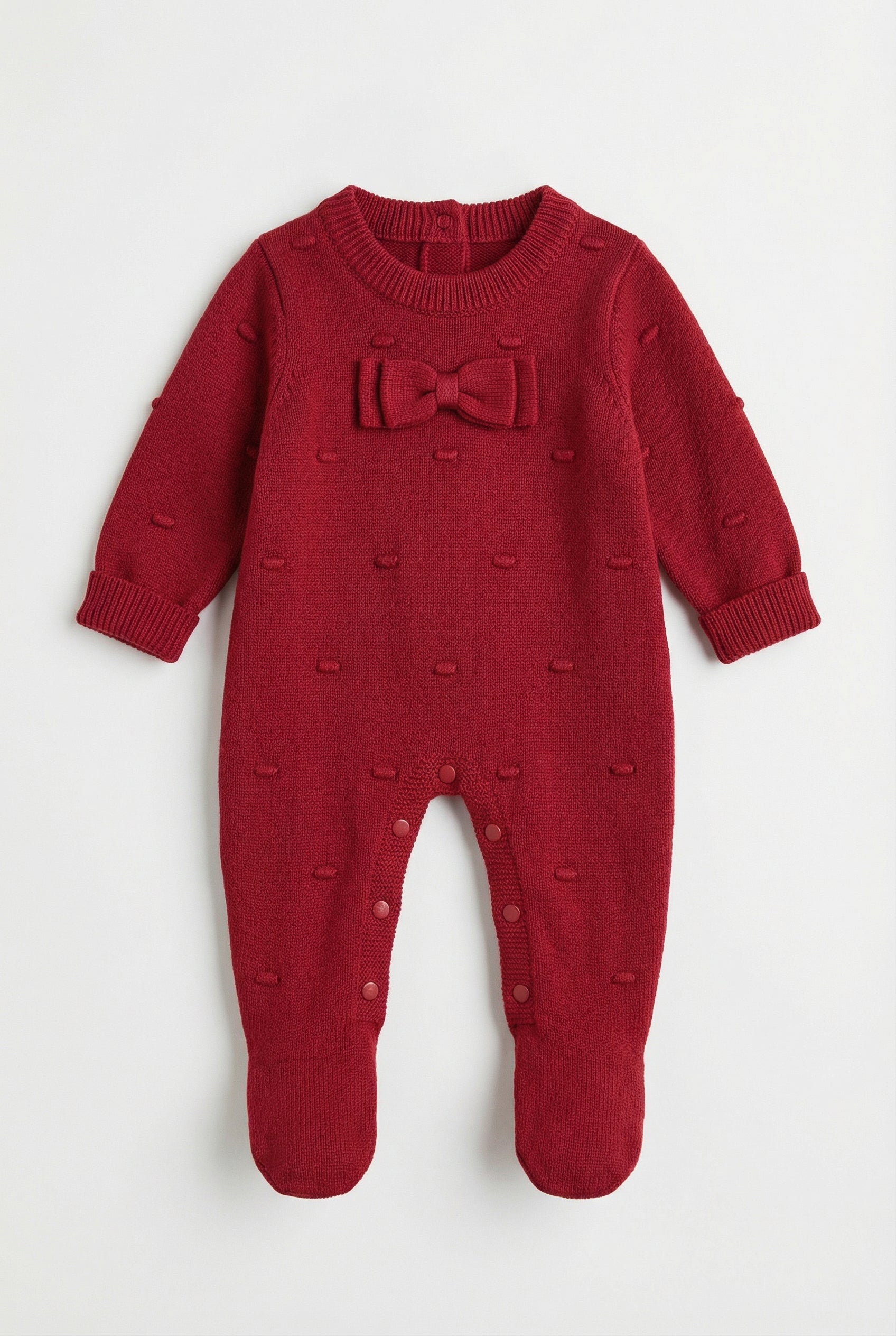 Baby Girls Long Sleeve Knit Romper with Bow Red  Front Picture
