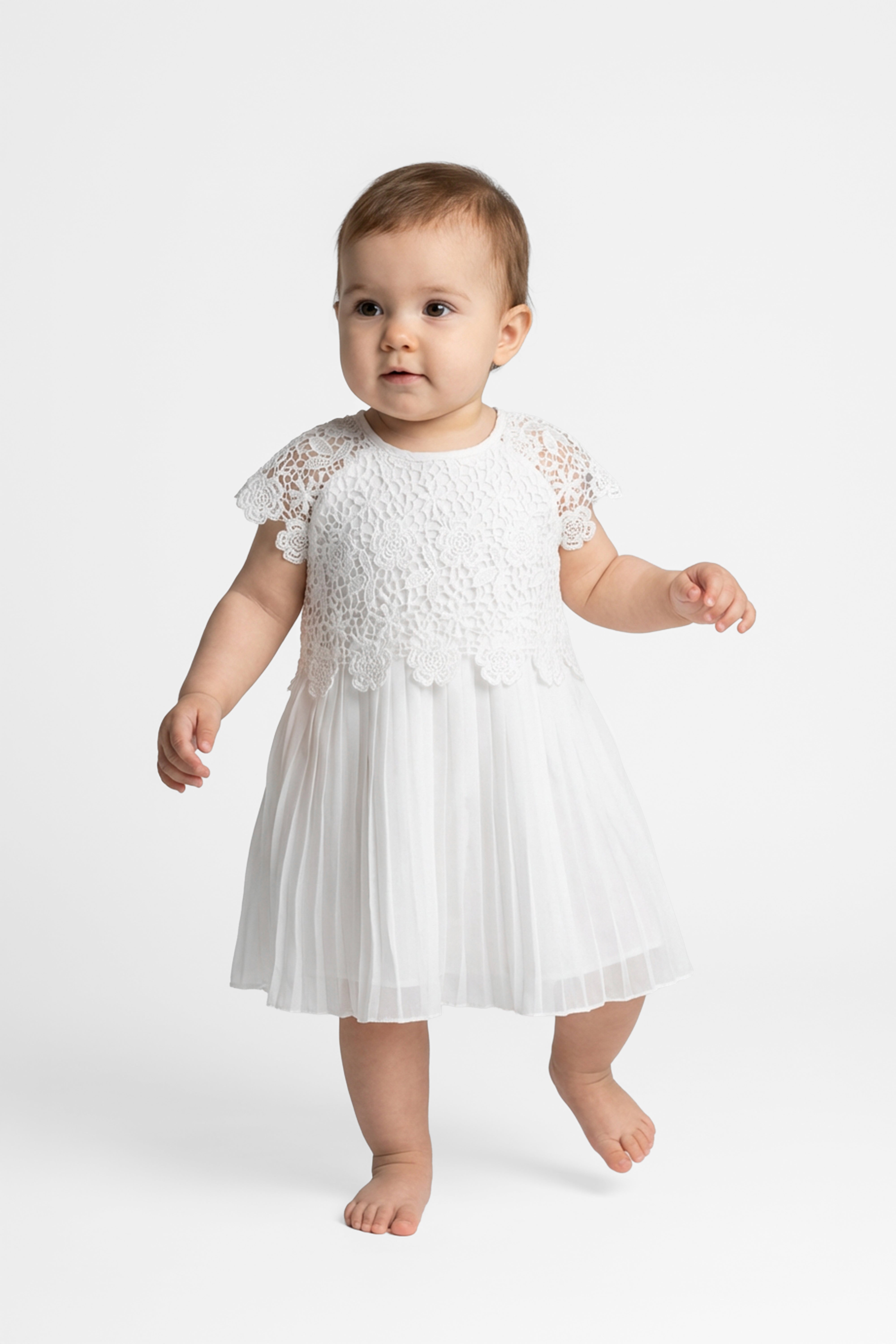Baby Girls Off White Lace & Chiffon Dress Model Picture