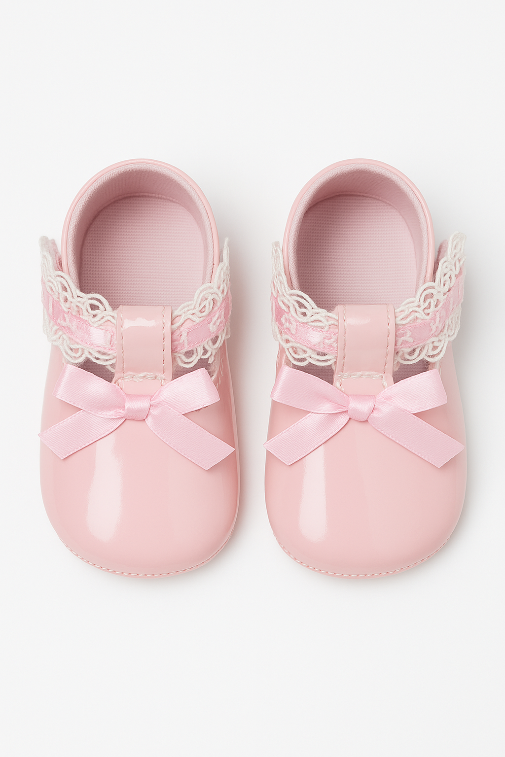 Baby Girls Patent Christening Shoes with Lace Details - VALENTINA - Pink Front Picture