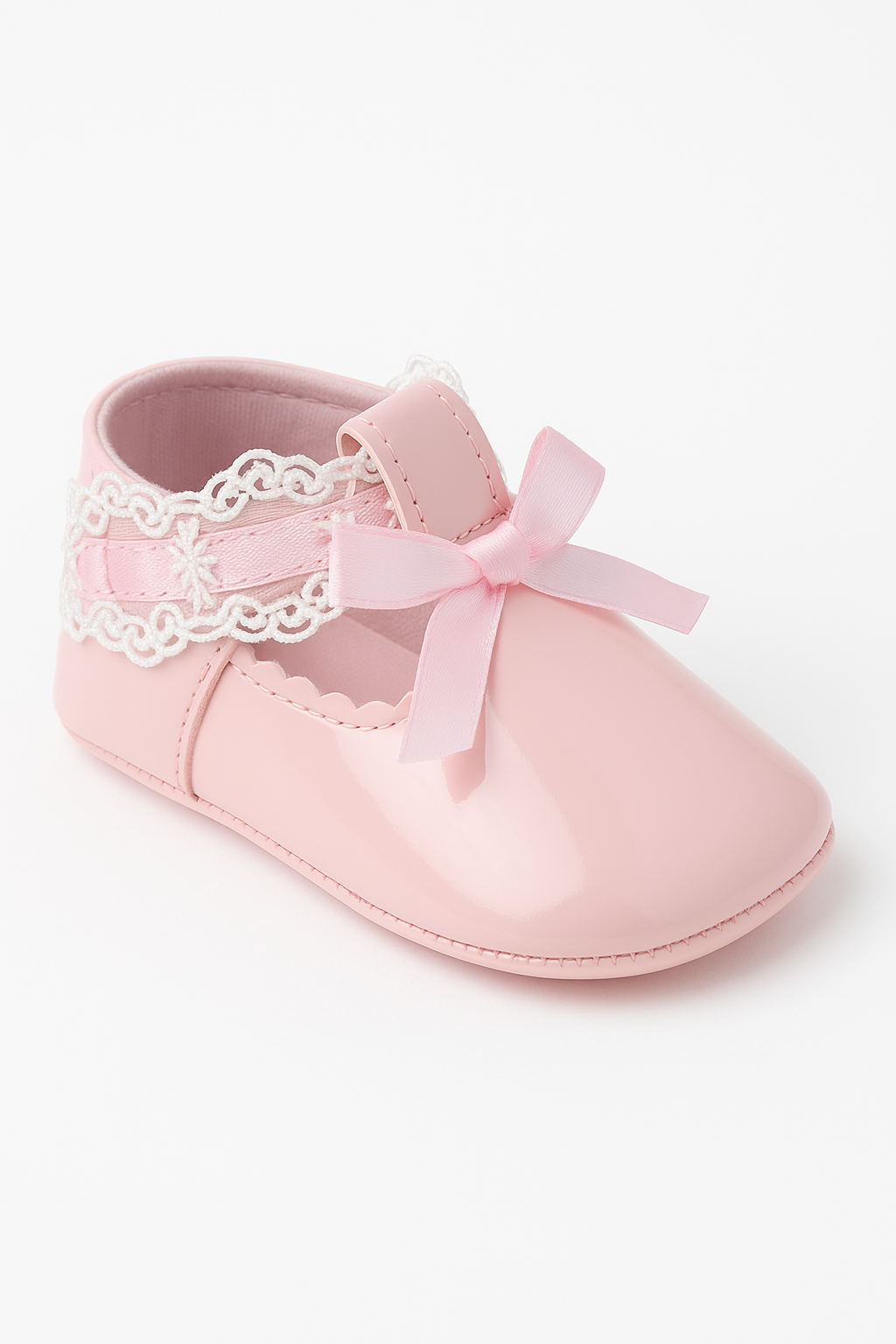 Baby Girls Patent Christening Shoes with Lace Details - VALENTINA - Pink Side Picture
