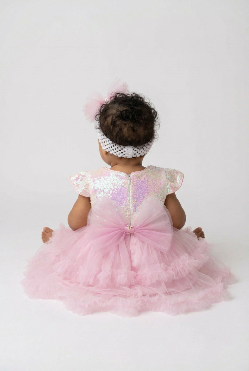 Baby Girls Pink Sequin Tulle Party Dress with Headband