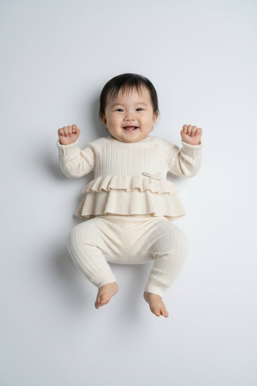 Baby Girls Ribbed Knit Jumper & Leggings Set with Ruffle Hem - Ivory Model Picture