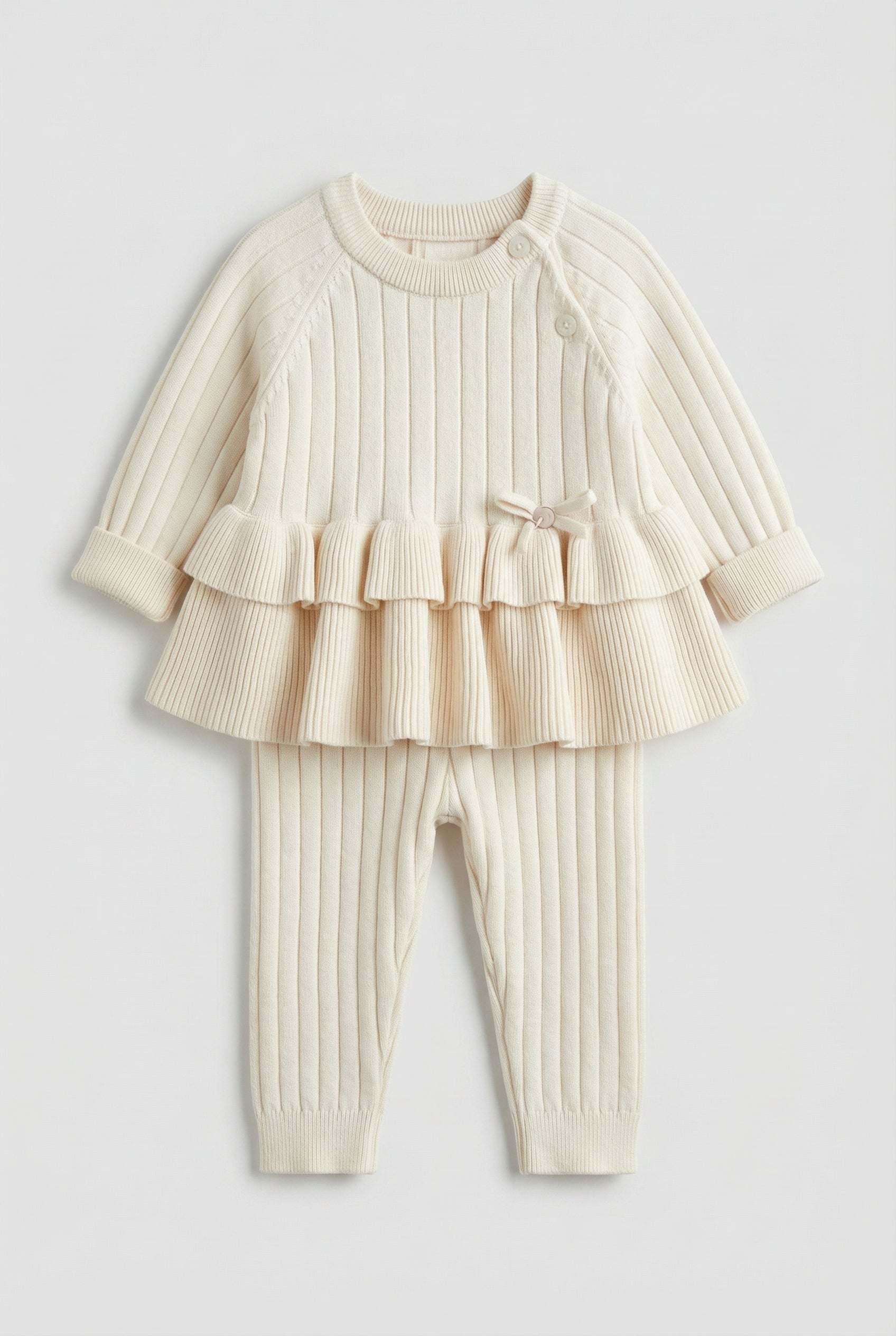 Baby Girls Ribbed Knit Jumper & Leggings Set with Ruffle Hem - Ivory  Front Picture