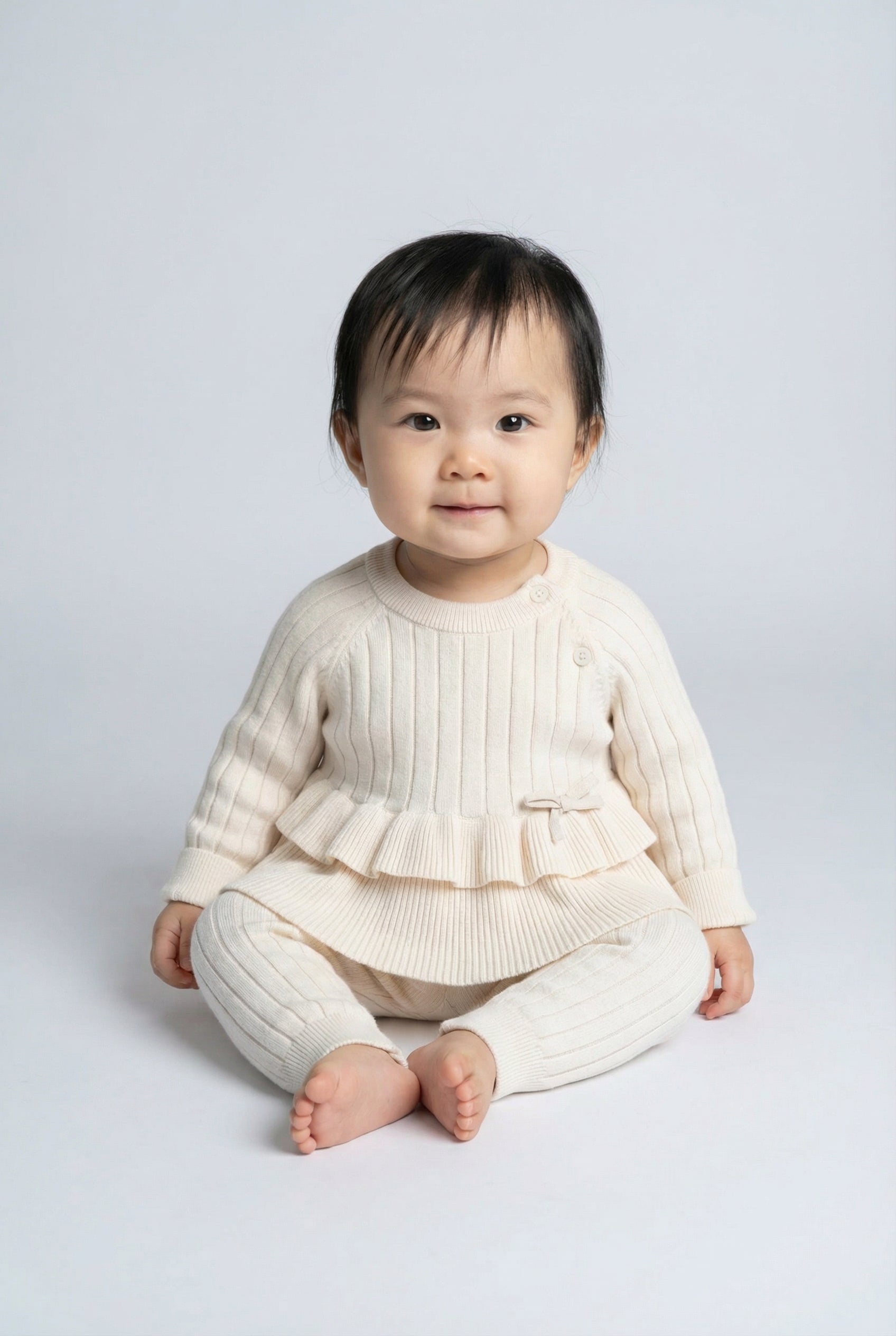 Baby Girls Ribbed Knit Jumper & Leggings Set with Ruffle Hem - Ivory Moedl Front Picture