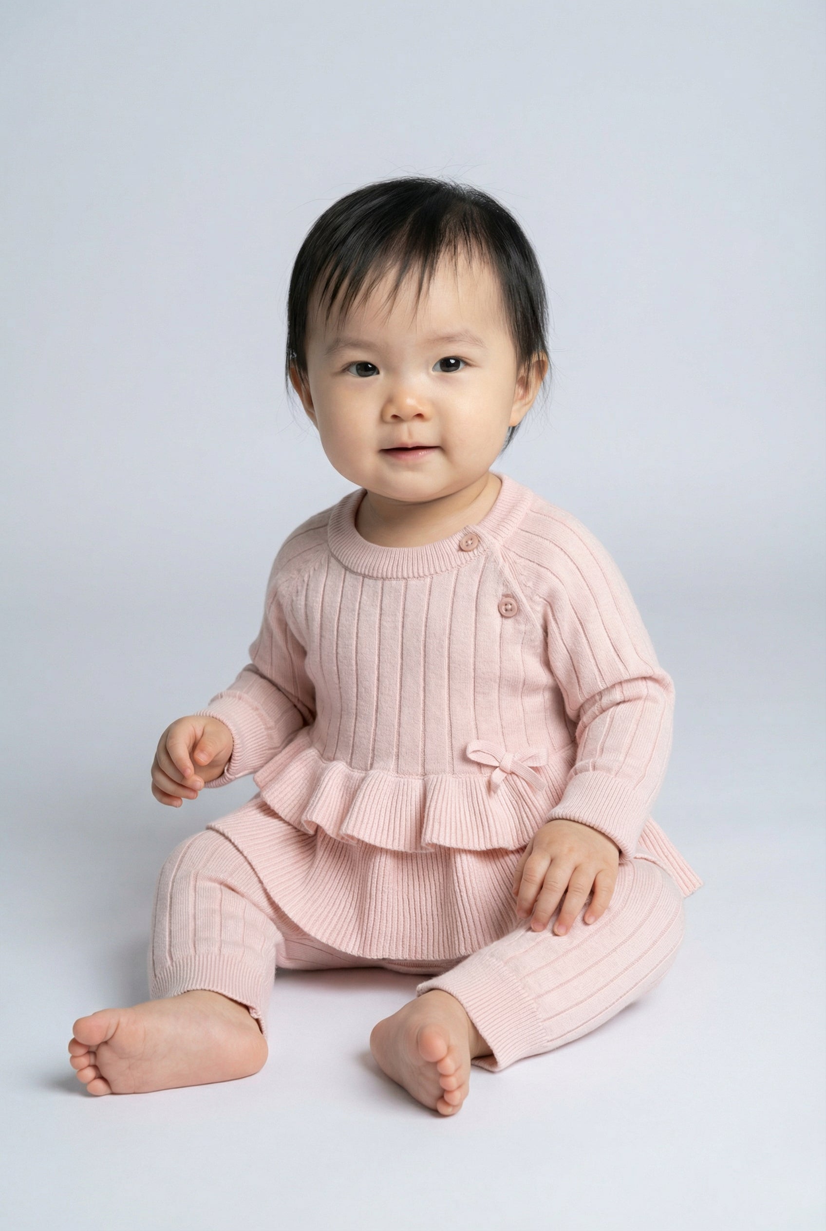 Baby Girls Ribbed Knit Jumper & Leggings Set with Ruffle Hem - Pink Model Front Picture
