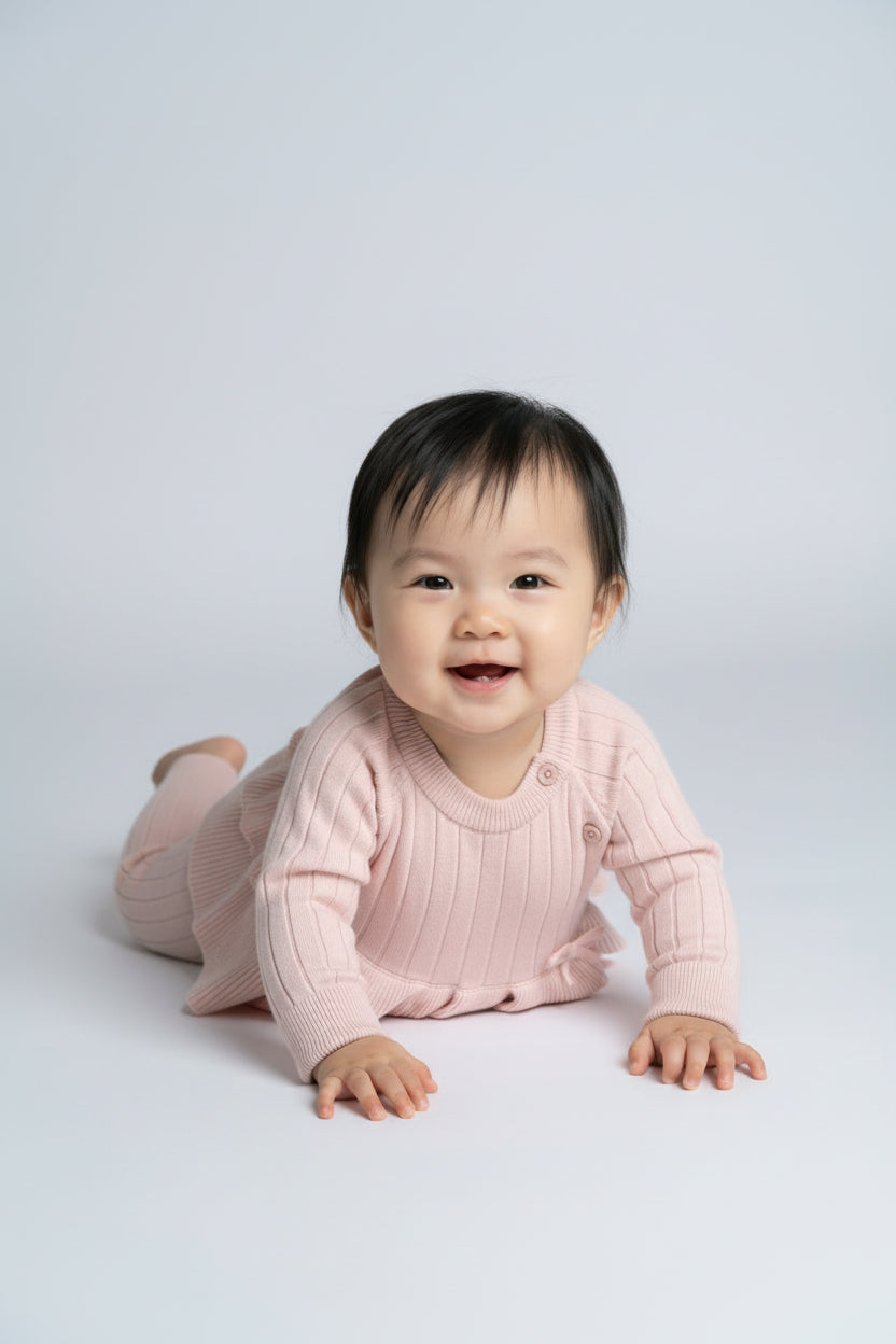 Baby Girls Ribbed Knit Jumper & Leggings Set with Ruffle Hem - Pink Model  Picture