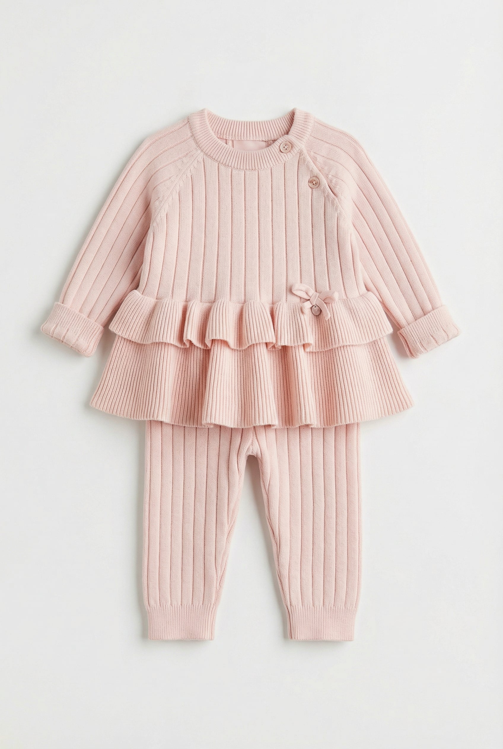 Baby Girls Ribbed Knit Jumper & Leggings Set with Ruffle Hem - Pink  Front Picture