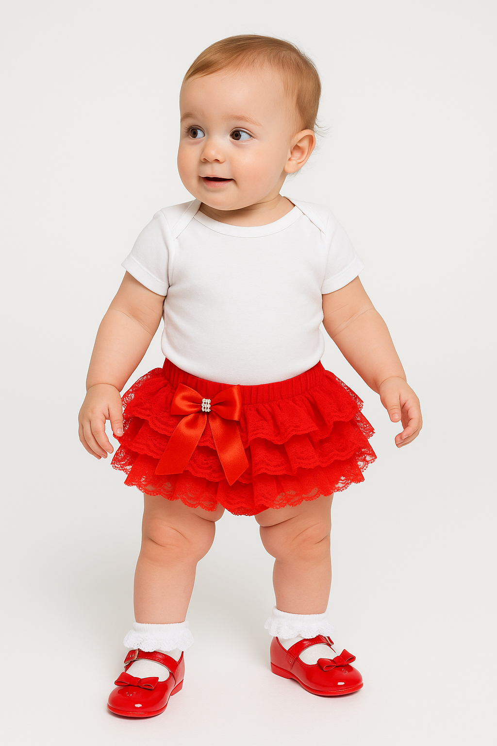 Baby Girls Ruffled Lace  bloomers - Red Model Picture