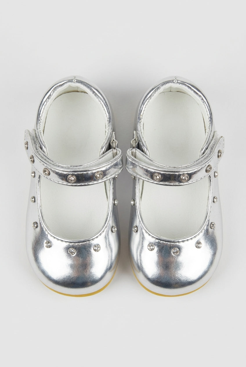Baby Girls Silver Studded Mary Jane Shoes Front Picture