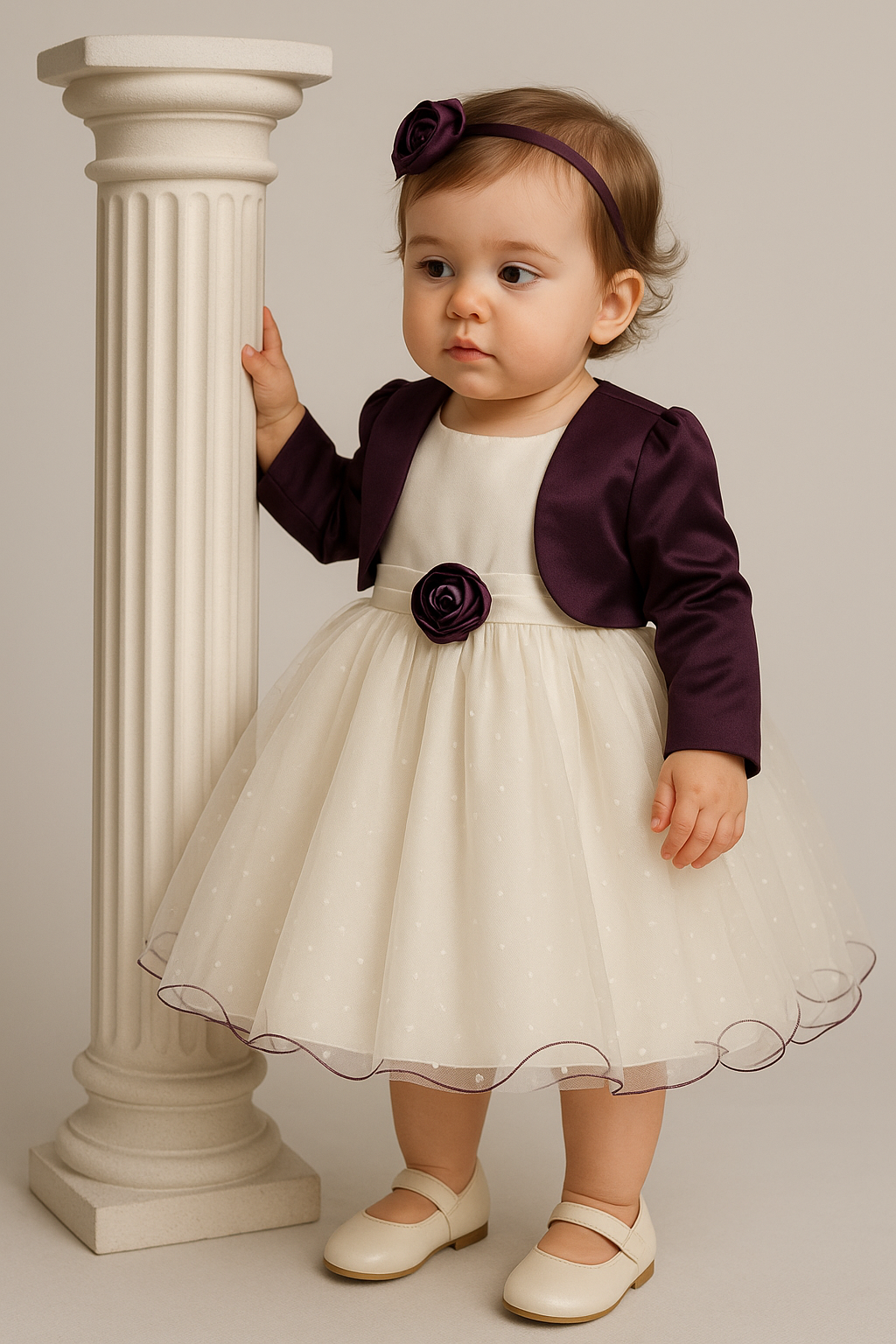 Baby Girls Wedding Cristening Bolero Dress - Ivory- Purple Modlel Picture
