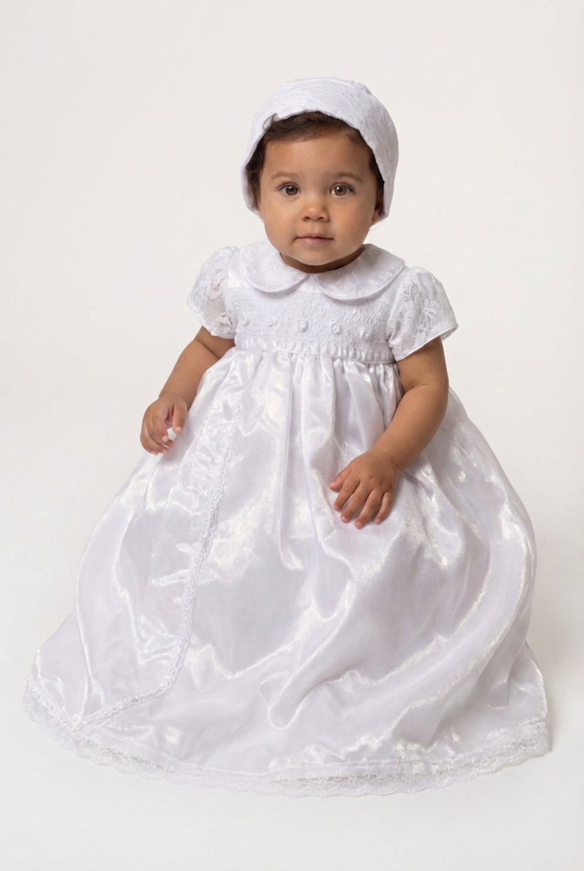 Baby Girls White Christening Gown & Bonnet Set with Peter Pan Collar Model Picture