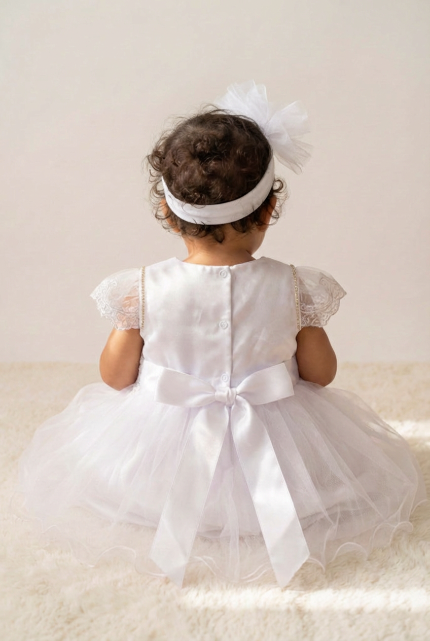 Baby Girls White Embroidered Tulle Baptism Dress & Headband Set