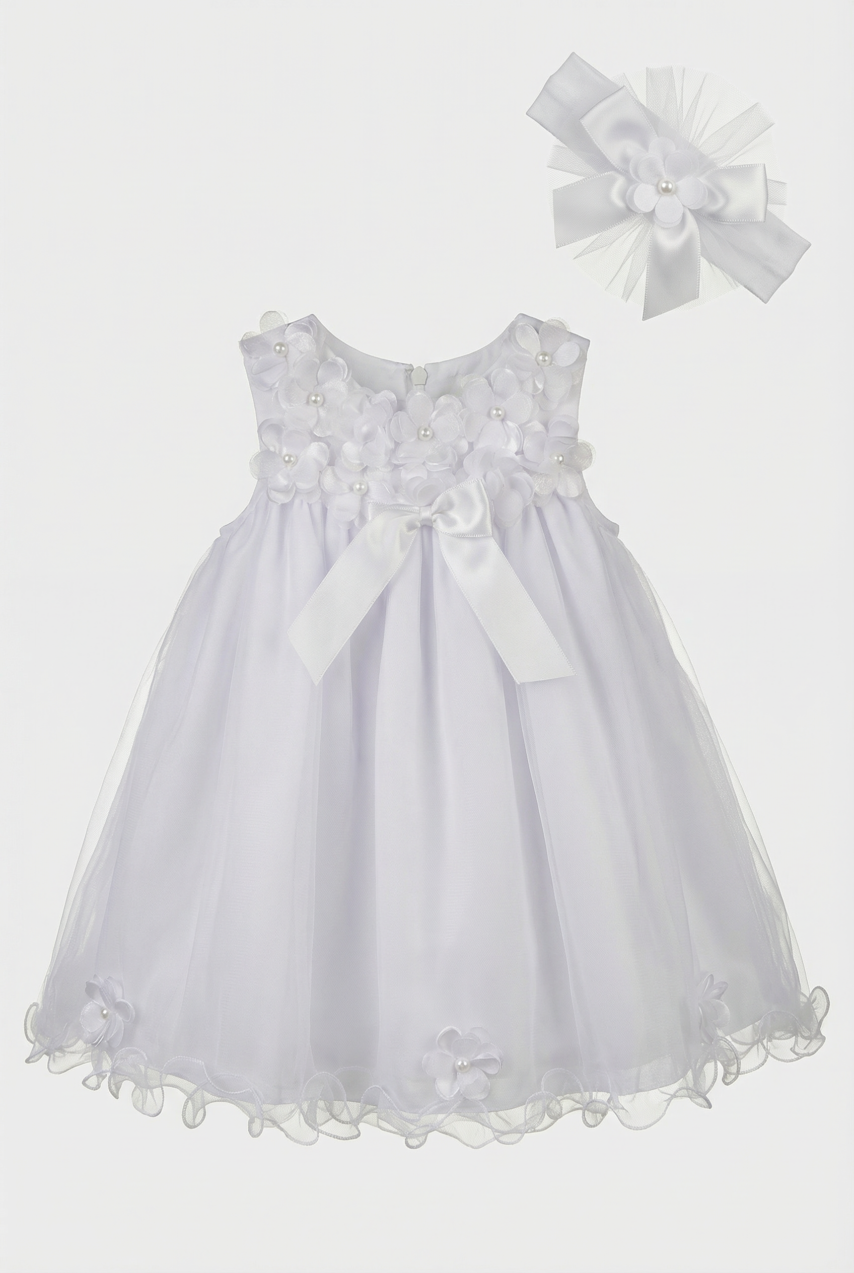 Baby Girls White Floral Appliqués Dress & Headband Set