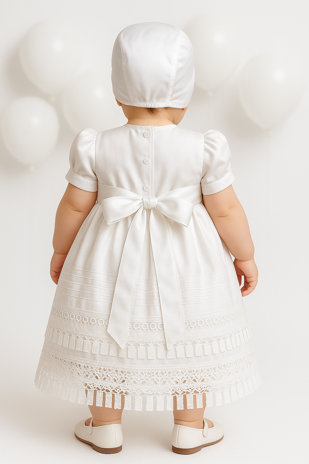 Baby Girls White Lace Christening Dress & Bonnet