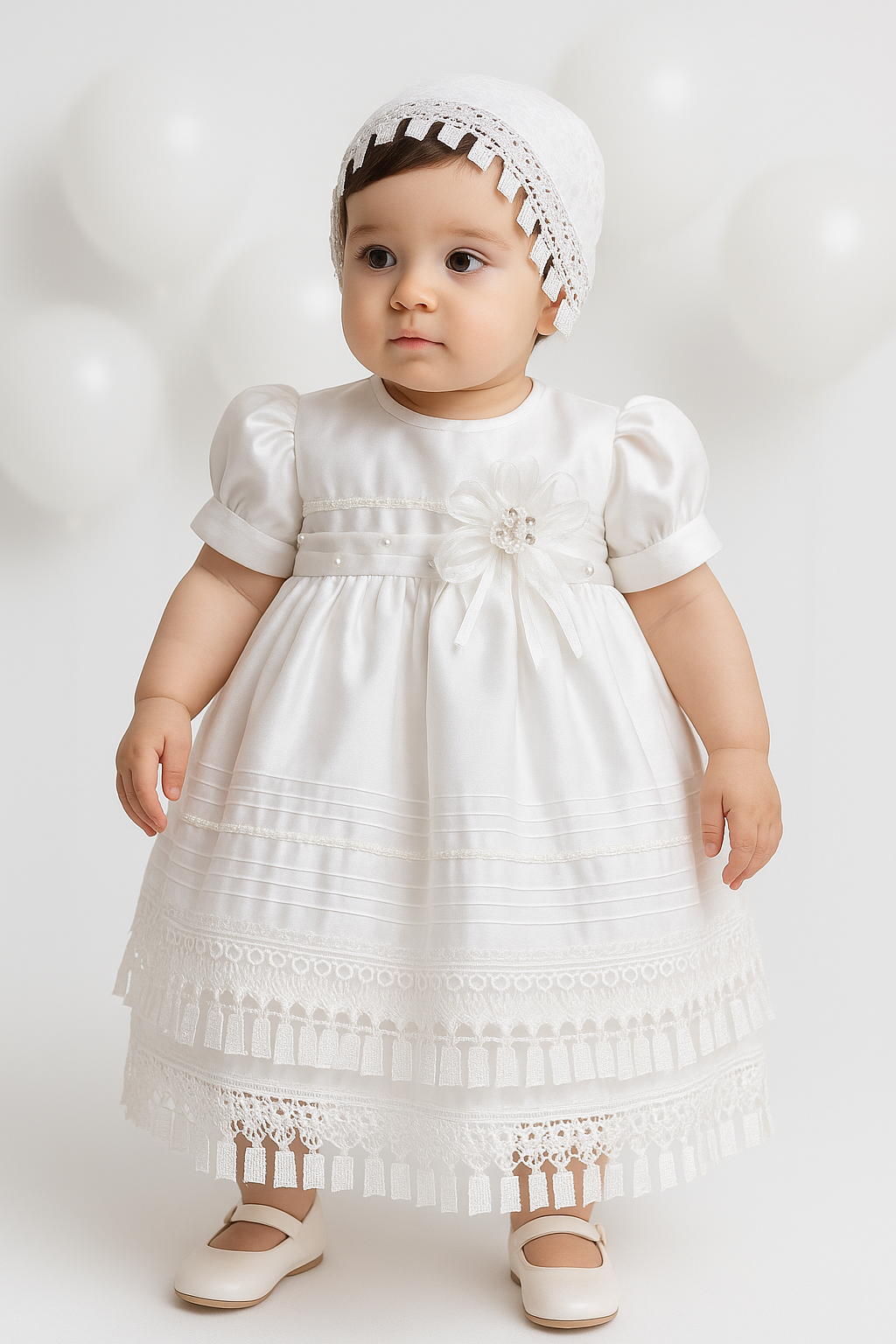 Baby Girls White Lace Christening Dress & Bonnet Model Picture