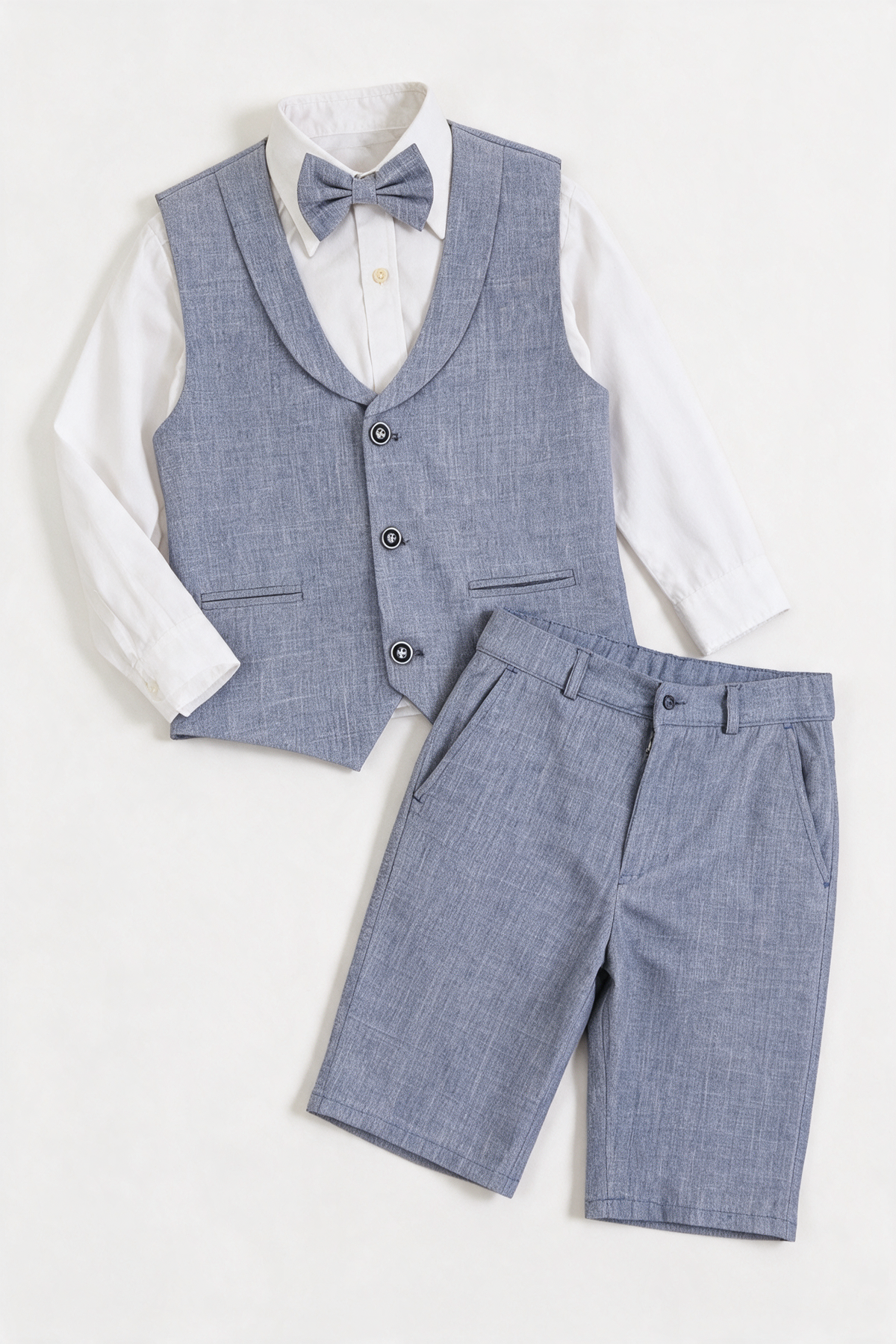 boys 4-Piece Cotton-Linen Waistcoat Shorts Suit Set - Grayish Navy  front picture