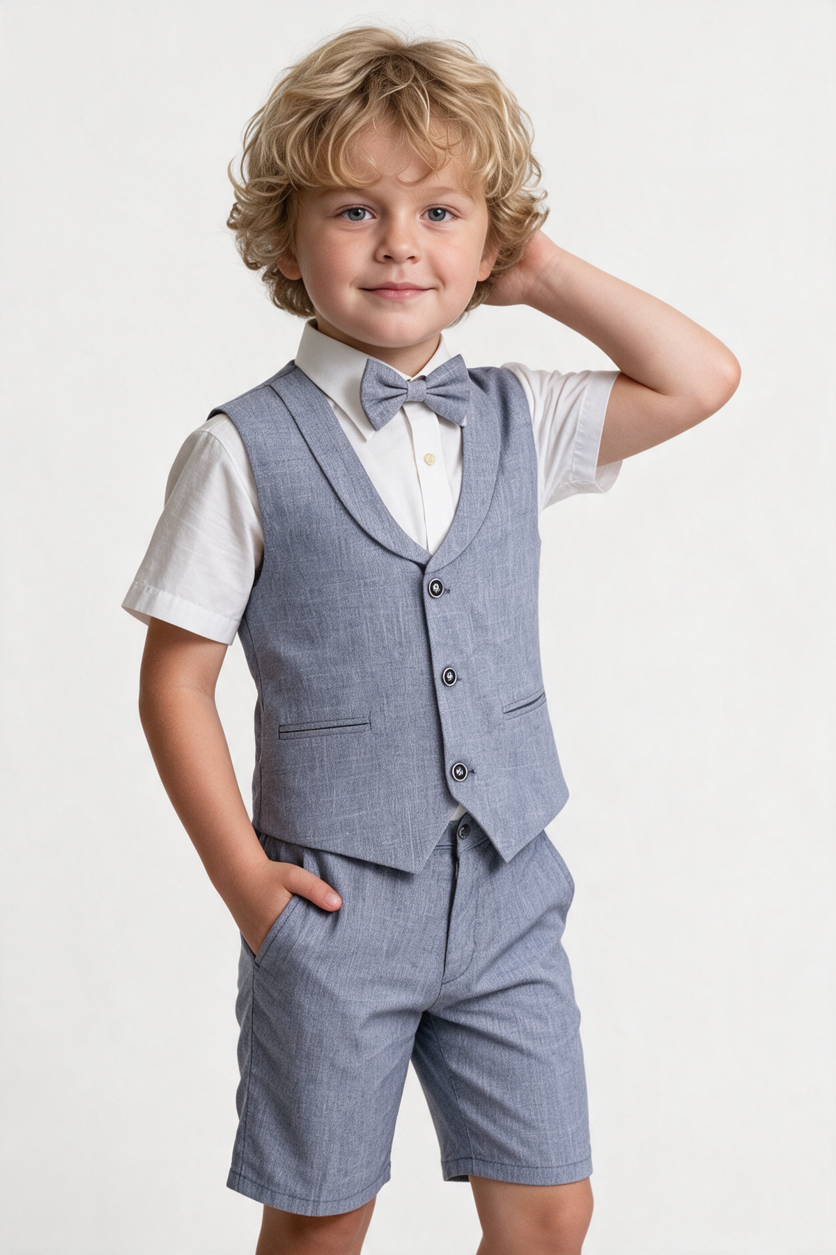 Baby & Boys 4-Piece Cotton-Linen Waistcoat Shorts Suit Set - Grayish Navy Boy model picture